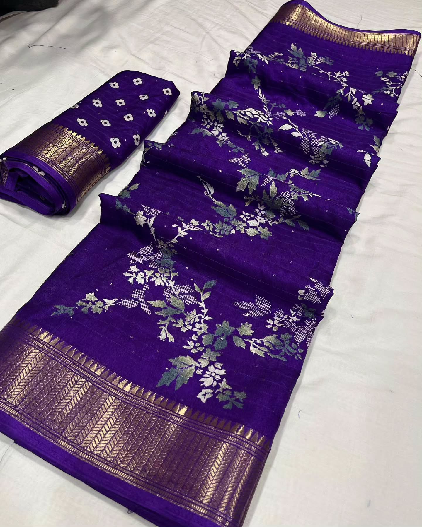 Blue Printed Dola Silk Saree With Croset work and blouse piece