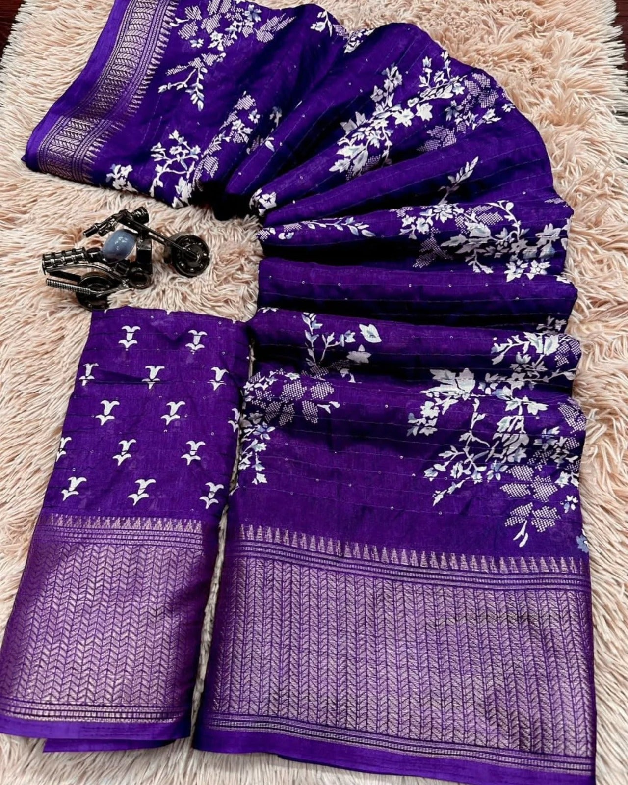 Blue Printed Dola Silk Saree With Croset work and blouse piece
