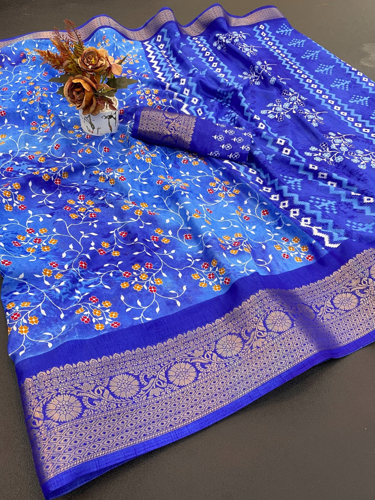 IndigoBlue Printed Dola Silk Saree With jacquard work and blouse piece