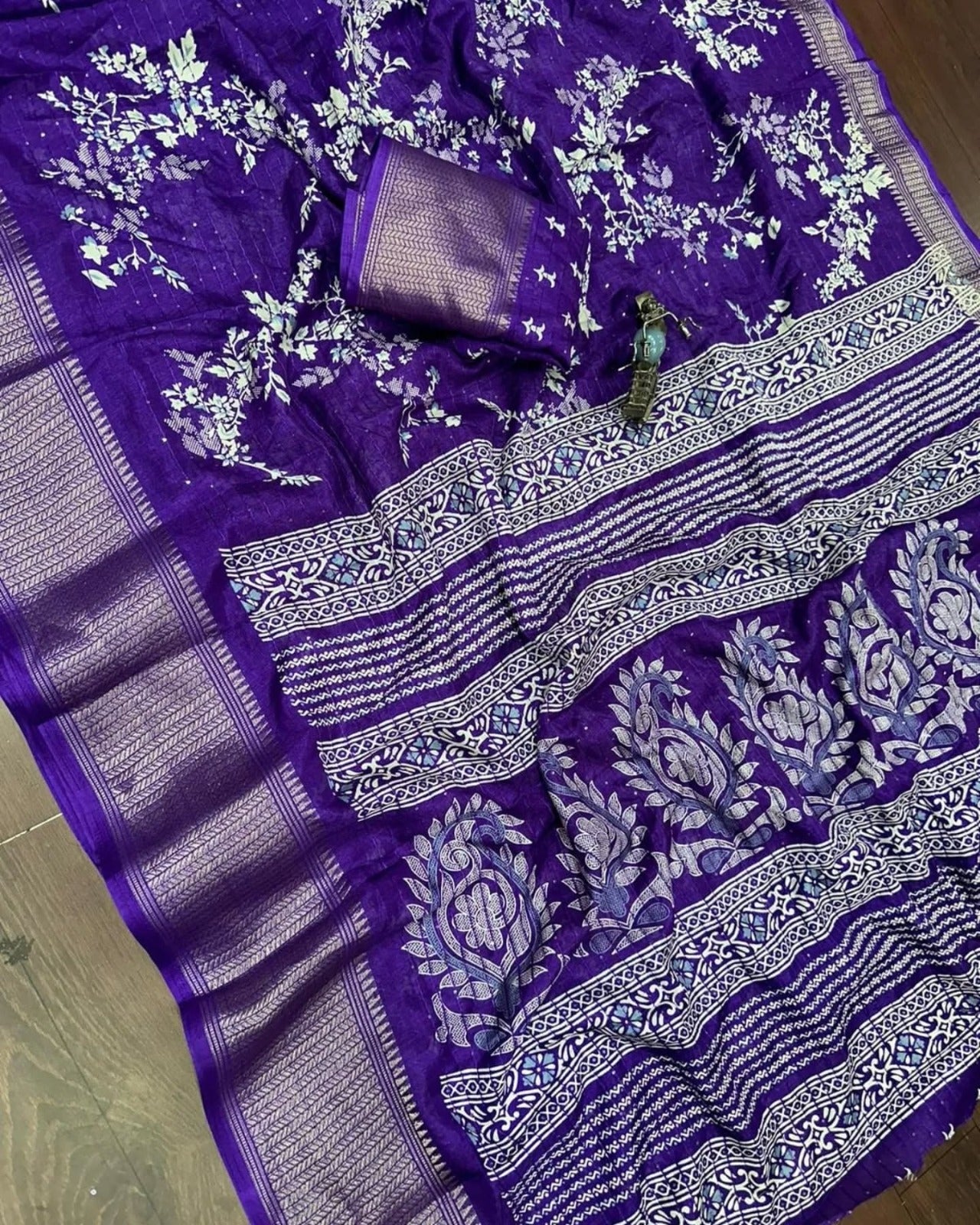 Blue Printed Dola Silk Saree With Croset work and blouse piece