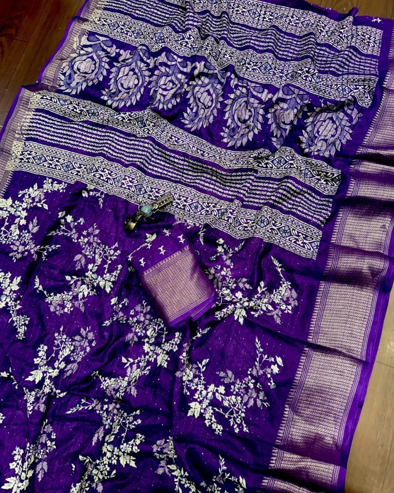 Blue Printed Dola Silk Saree With Croset work and blouse piece