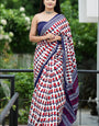 Soft Cotton Printed Saree – White Base with Navy Blue & Red Traditional Motifs