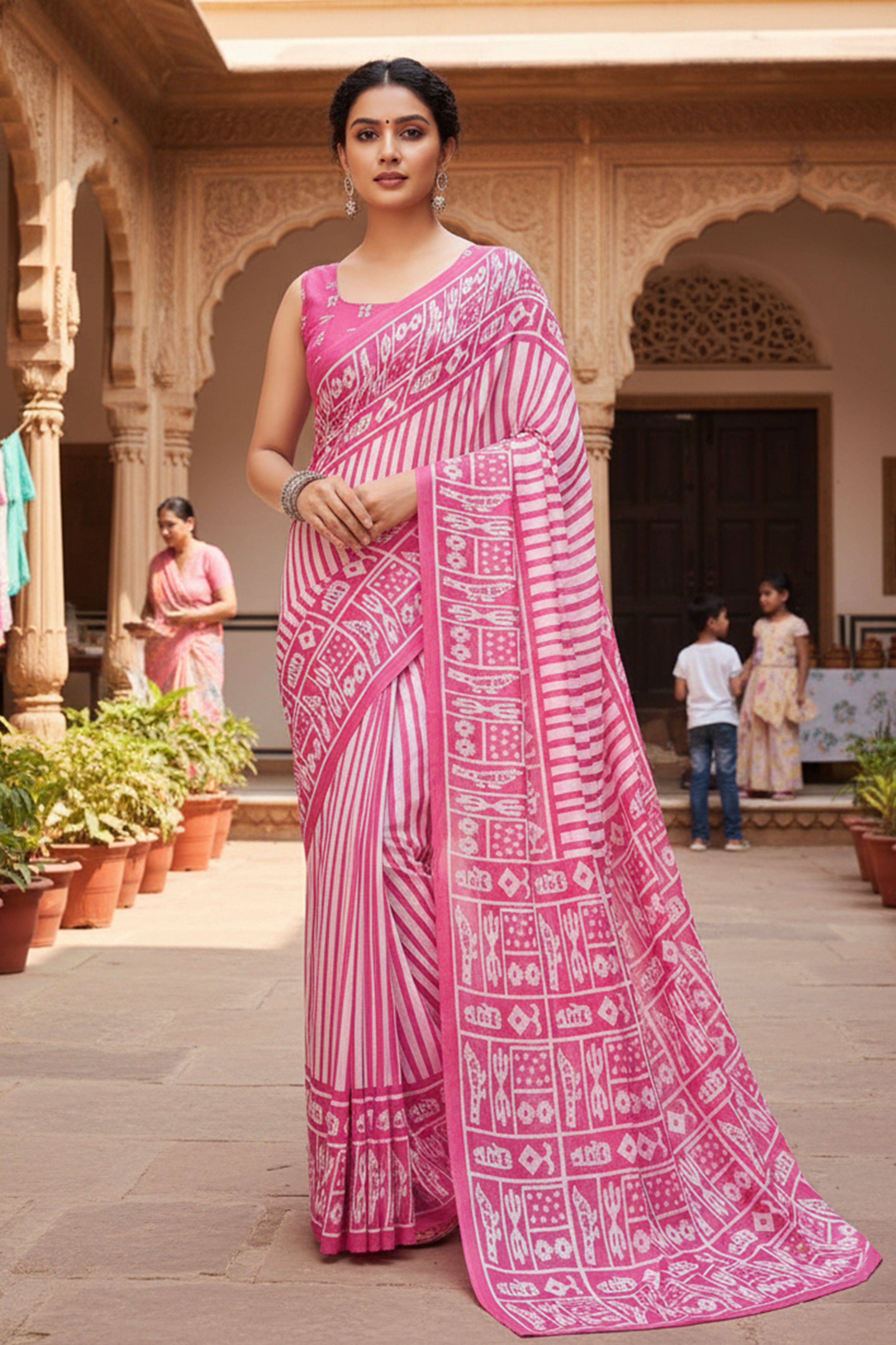 Soft Cotton Printed Saree with Stripe Body & Phulkari-Inspired Designer Pallu