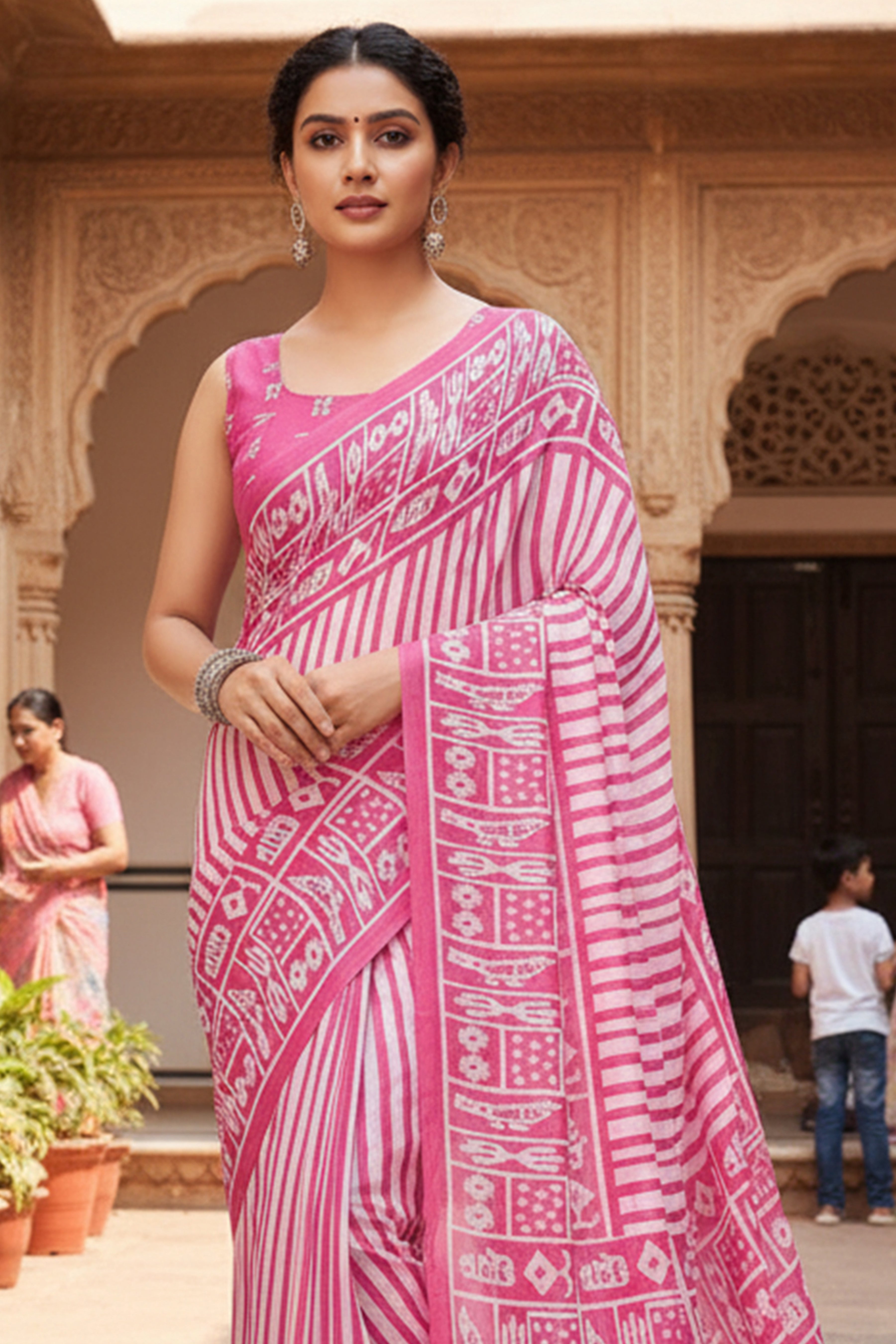 Soft Cotton Printed Saree with Stripe Body & Phulkari-Inspired Designer Pallu