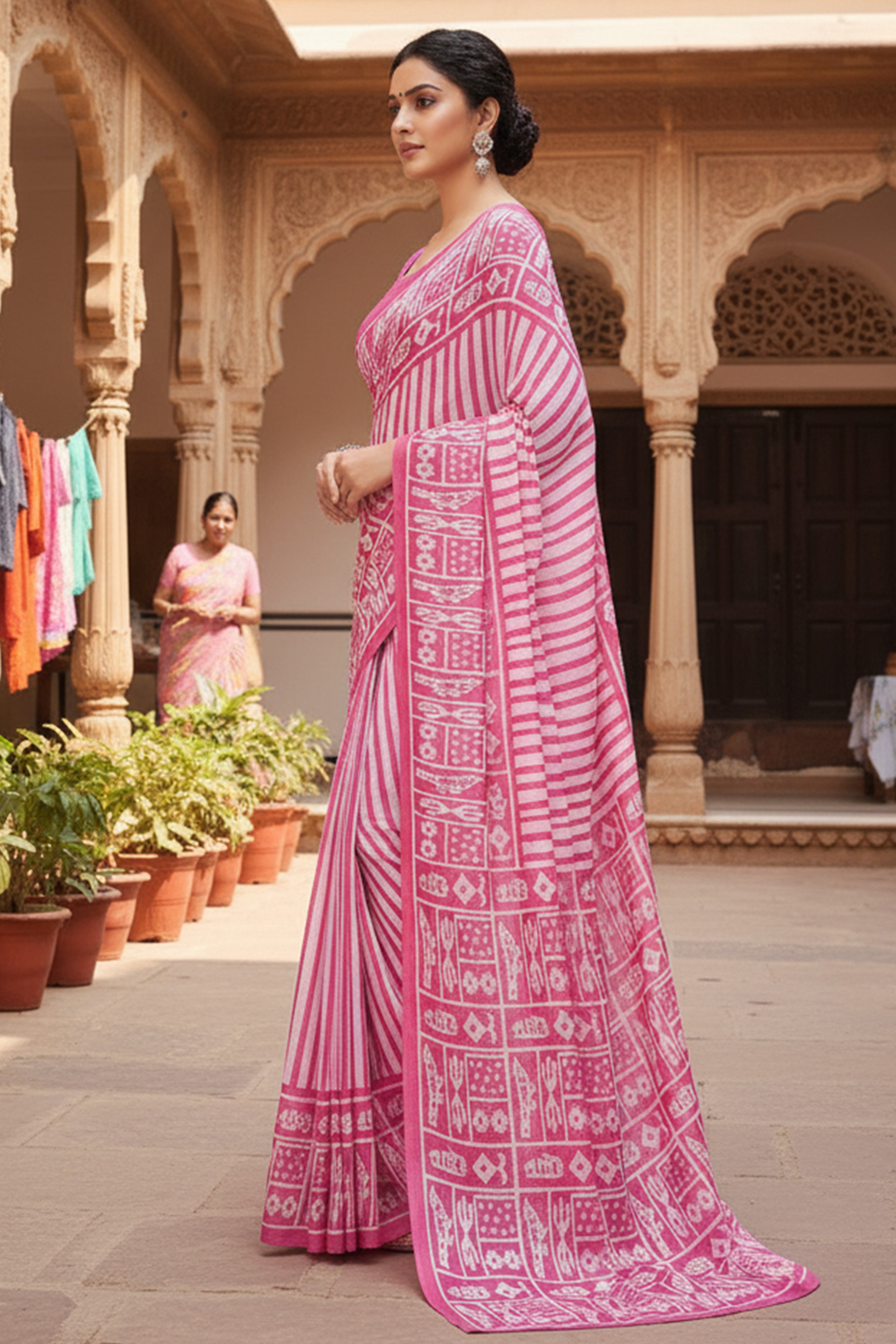 Soft Cotton Printed Saree with Stripe Body & Phulkari-Inspired Designer Pallu