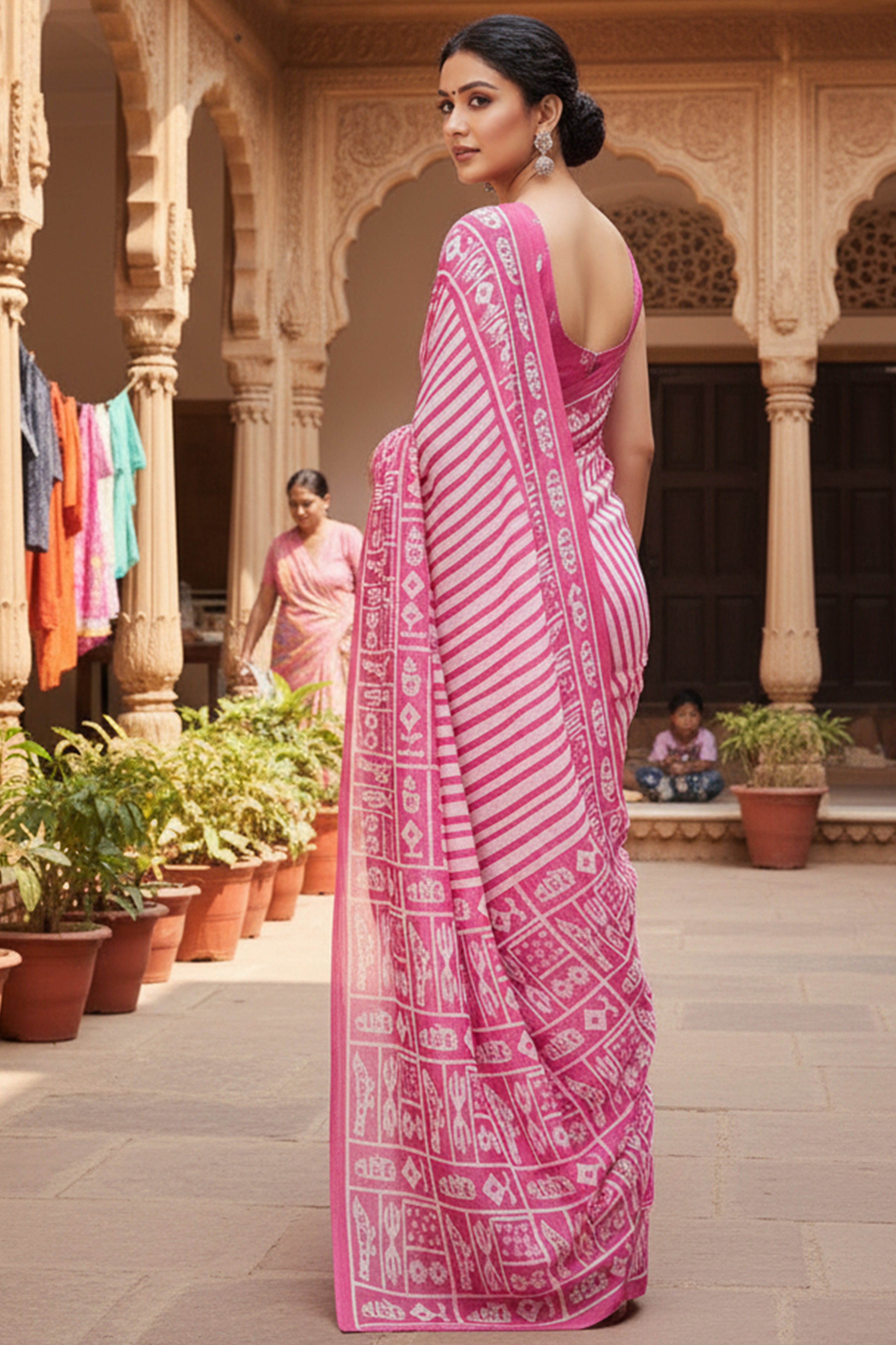 Soft Cotton Printed Saree with Stripe Body & Phulkari-Inspired Designer Pallu