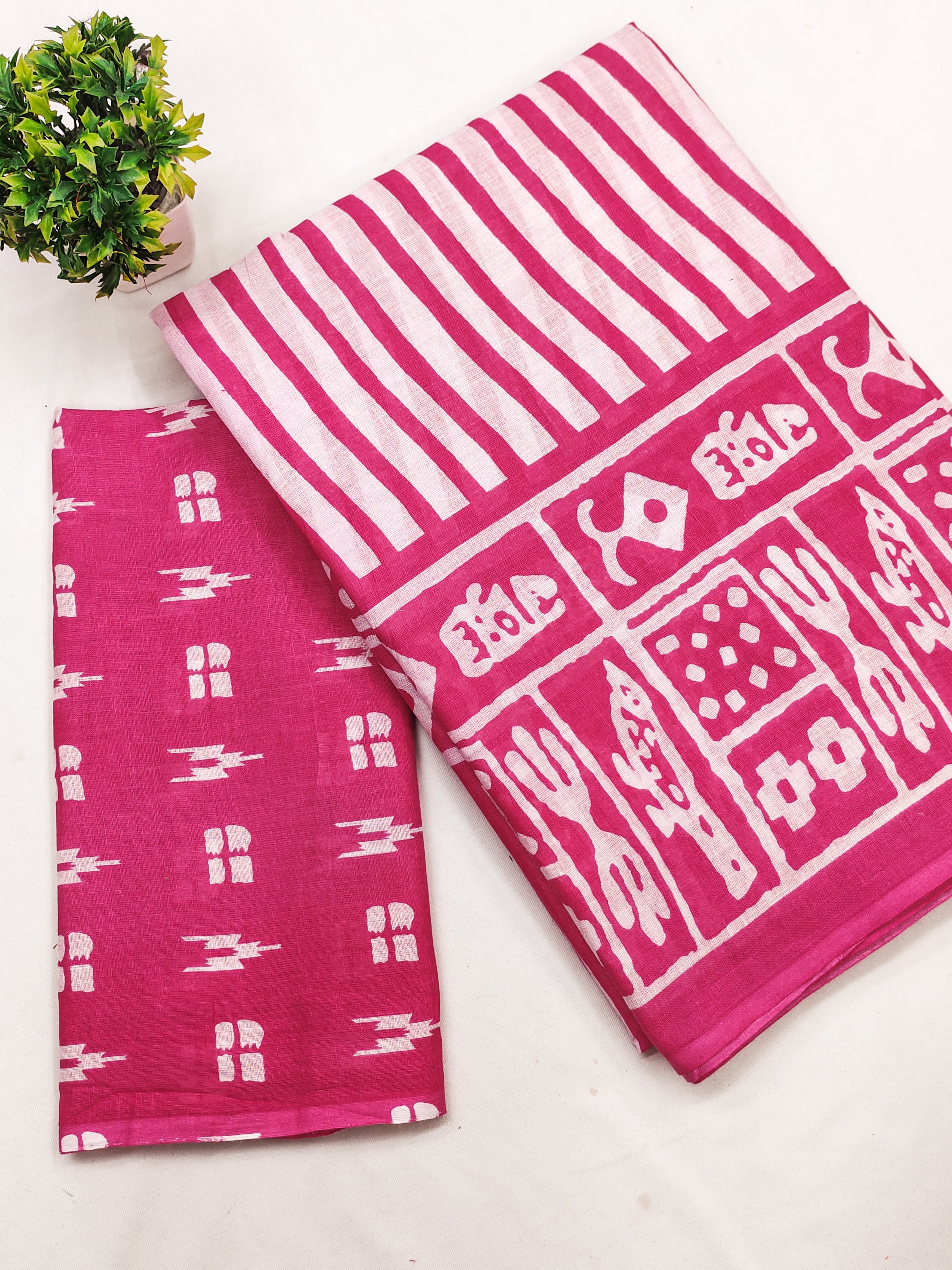 Soft Cotton Printed Saree with Stripe Body & Phulkari-Inspired Designer Pallu