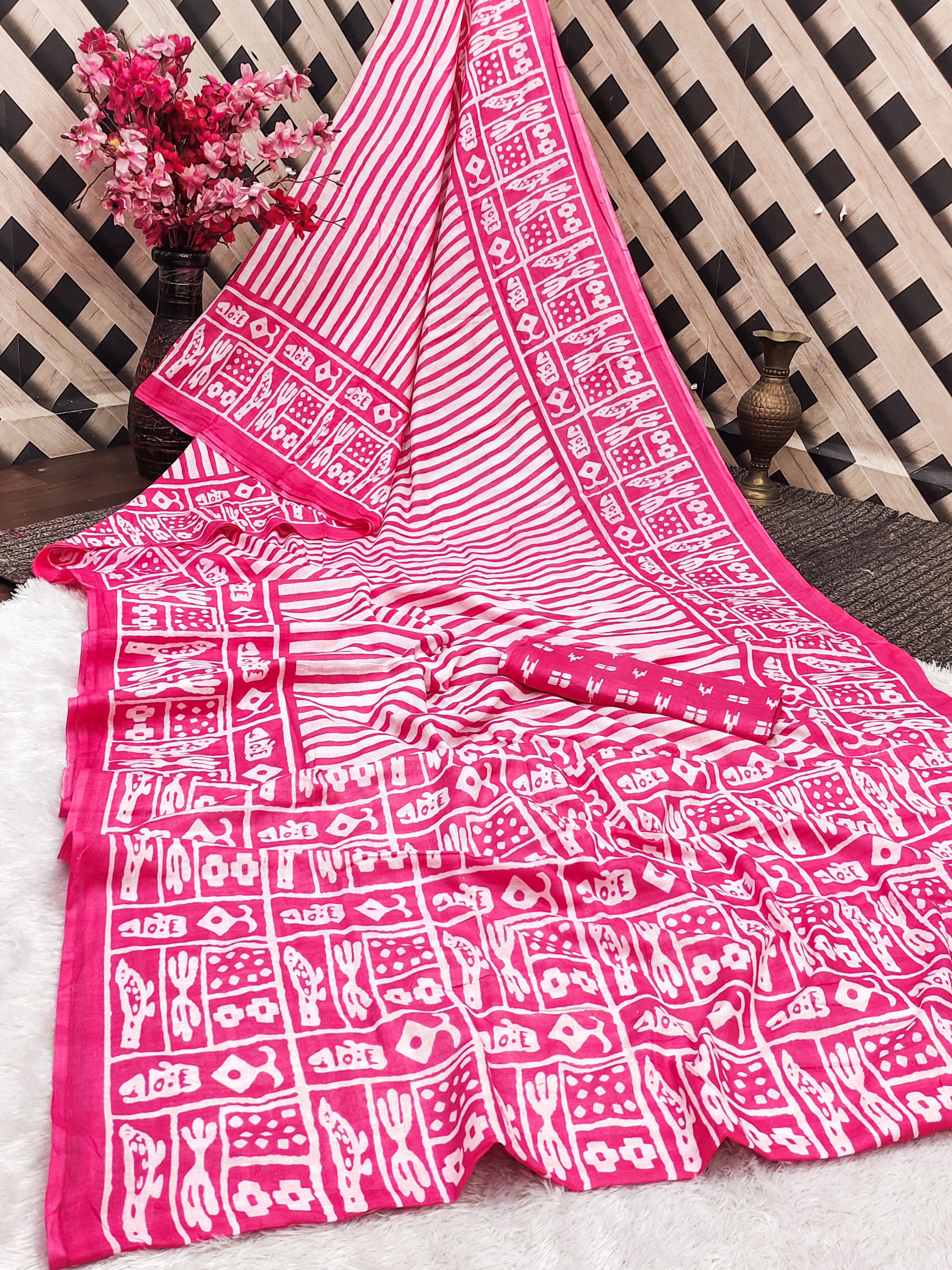 Soft Cotton Printed Saree with Stripe Body & Phulkari-Inspired Designer Pallu