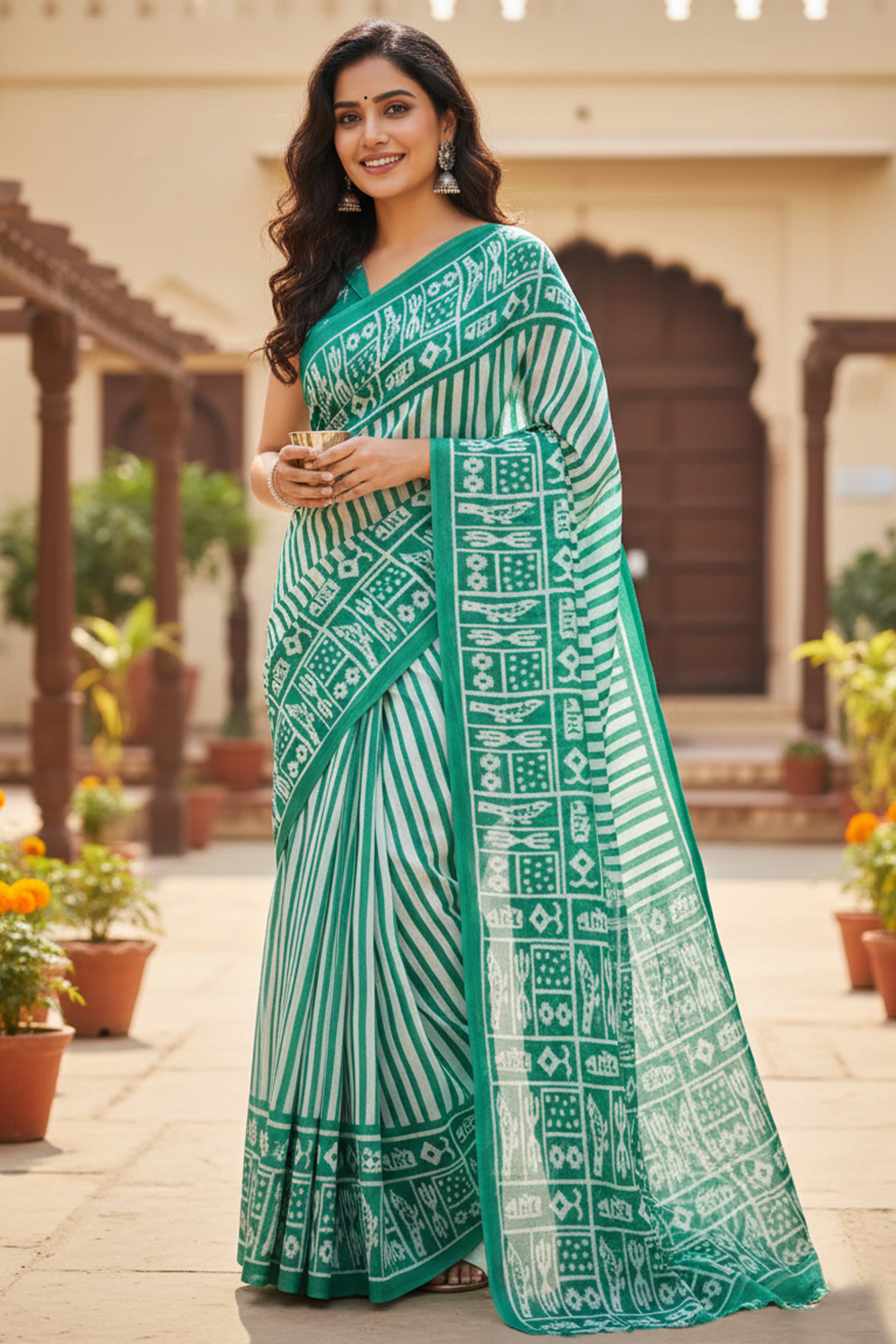 Soft Cotton Printed Saree with Stripe Body & Phulkari-Inspired Designer Pallu-mintgreen