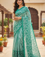 Soft Cotton Printed Saree with Stripe Body & Phulkari-Inspired Designer Pallu-mintgreen