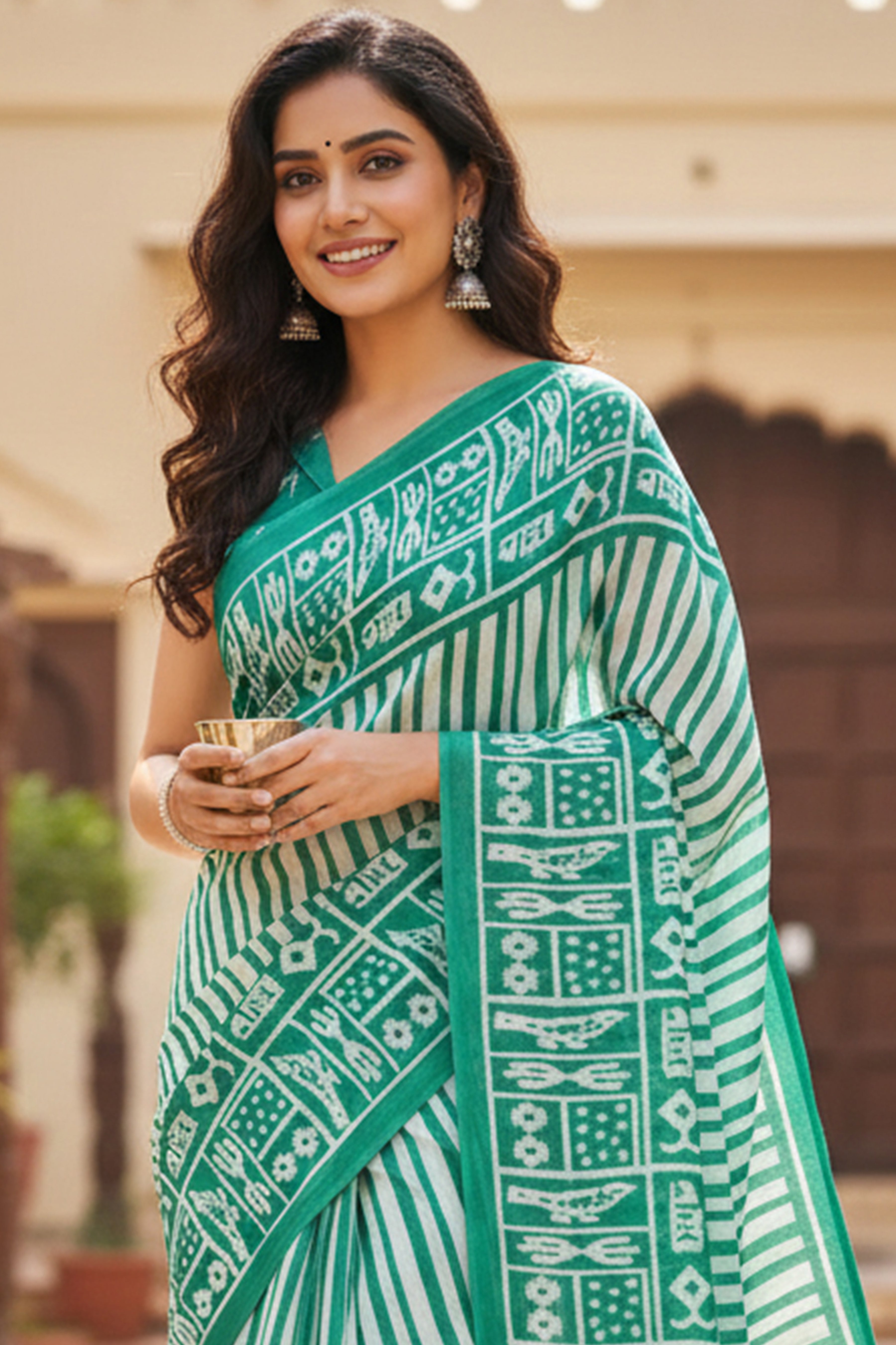 Soft Cotton Printed Saree with Stripe Body & Phulkari-Inspired Designer Pallu-mintgreen