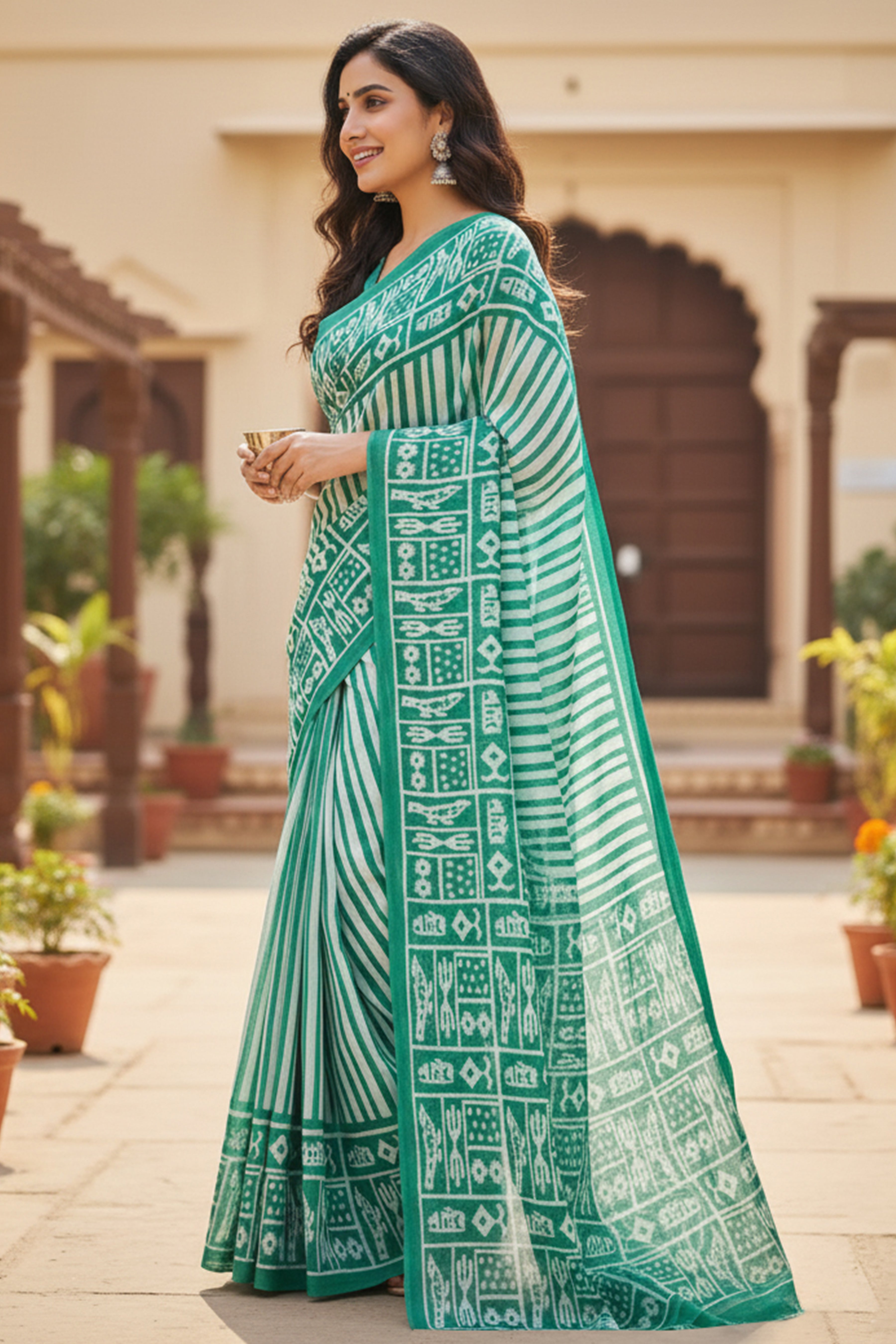 Soft Cotton Printed Saree with Stripe Body & Phulkari-Inspired Designer Pallu-mintgreen