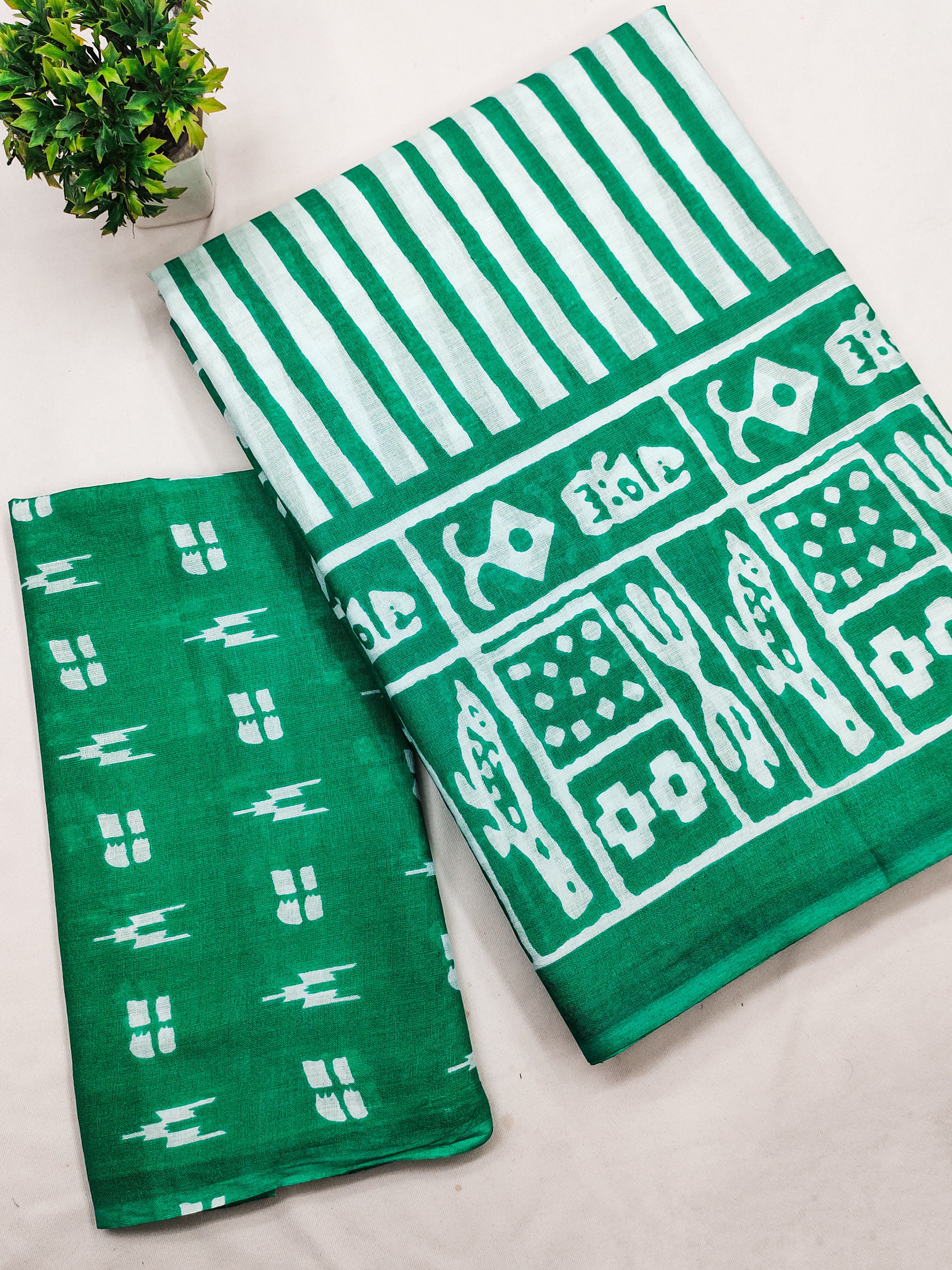 Soft Cotton Printed Saree with Stripe Body & Phulkari-Inspired Designer Pallu-mintgreen