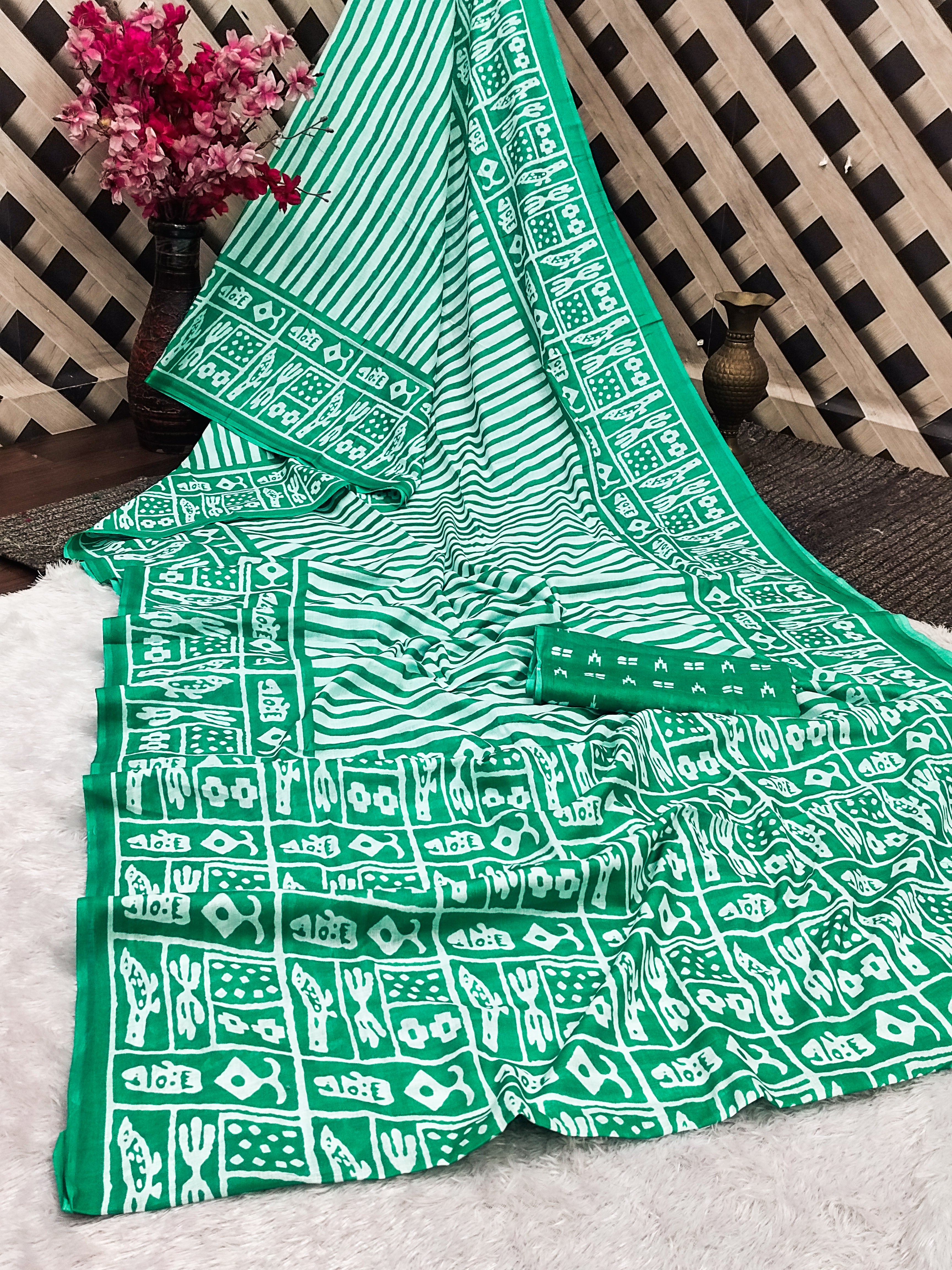 Soft Cotton Printed Saree with Stripe Body & Phulkari-Inspired Designer Pallu-mintgreen