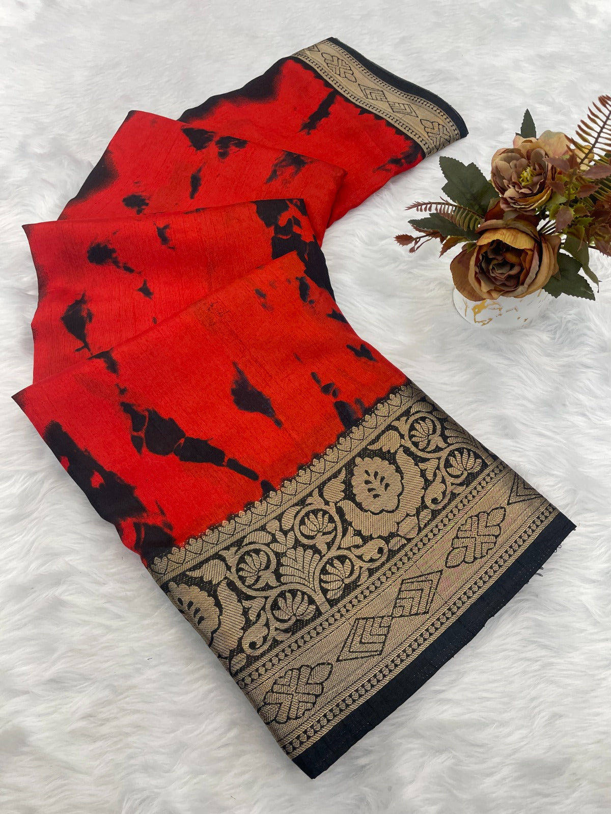 Red Printed Dola Silk Saree With jacquard border and blouse piece