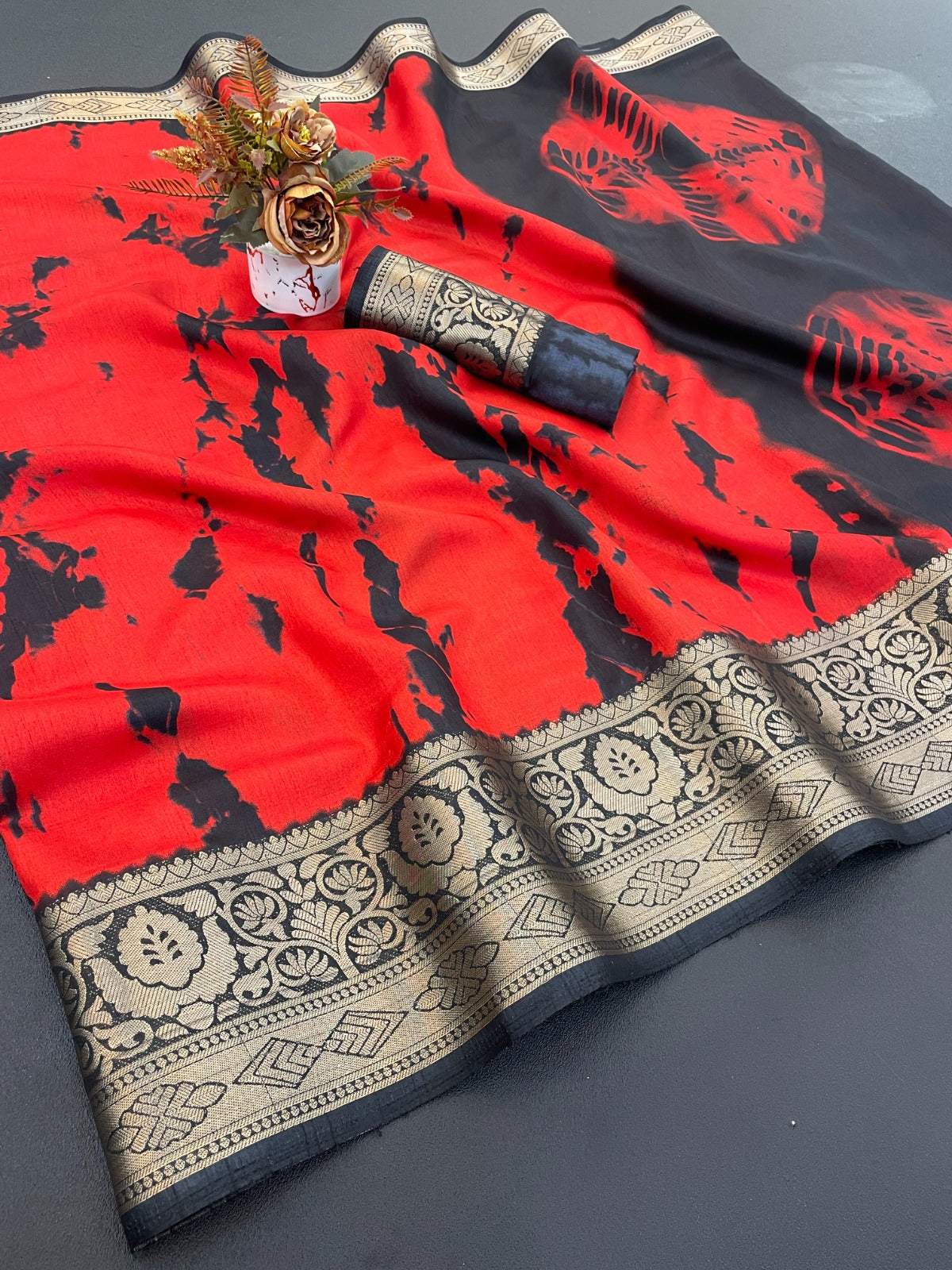 Red Printed Dola Silk Saree With jacquard border and blouse piece
