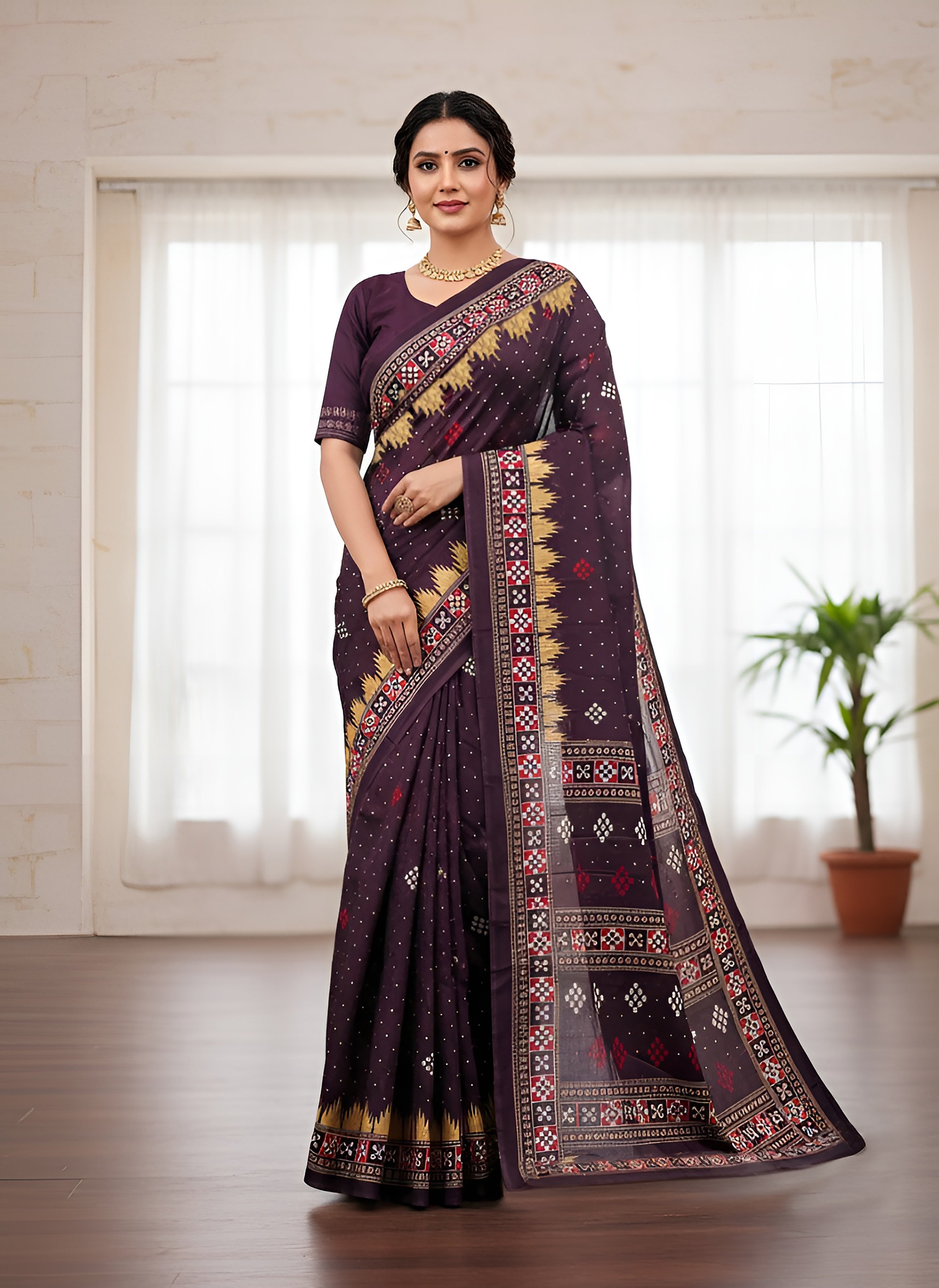 Soft Cotton Sambalpuri Ikkat Printed Saree with Ethnic Border & Pallu Design