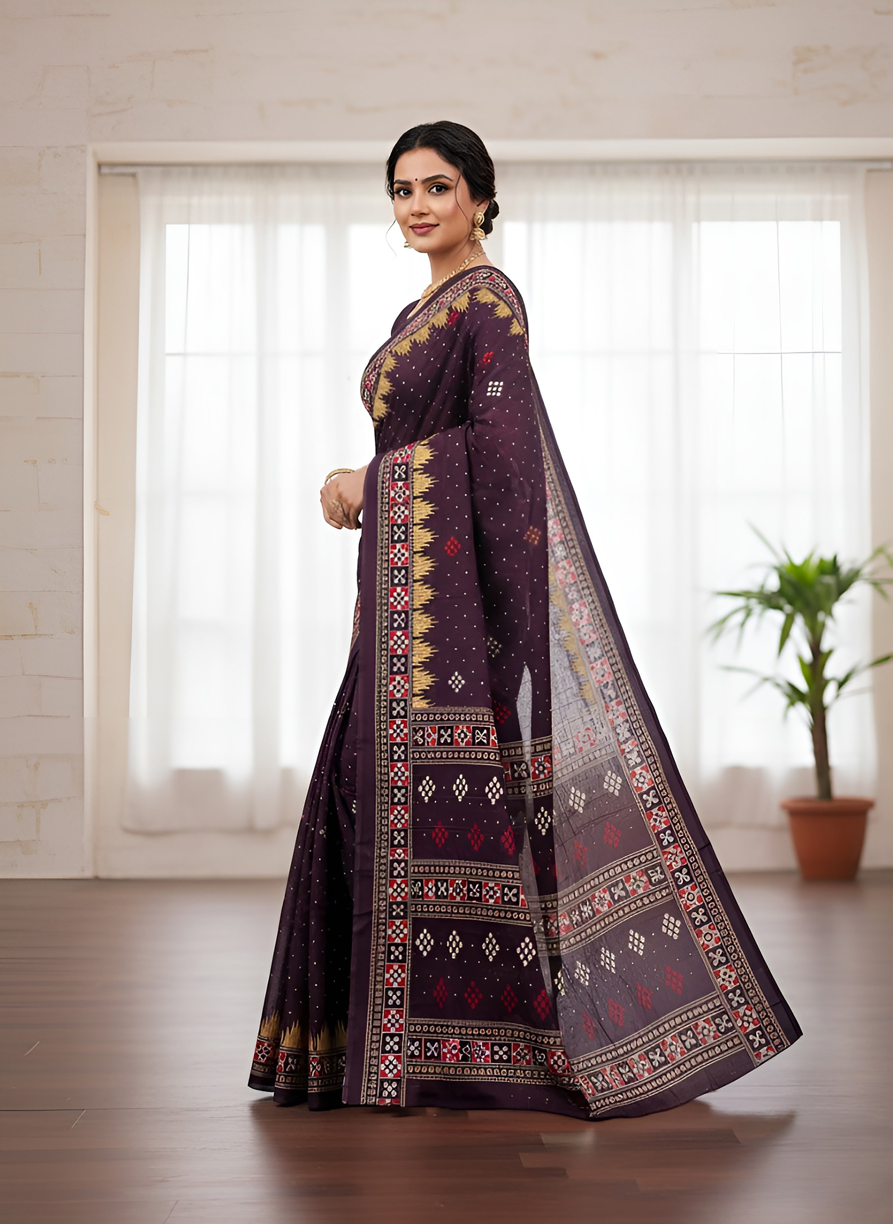 Soft Cotton Sambalpuri Ikkat Printed Saree with Ethnic Border & Pallu Design