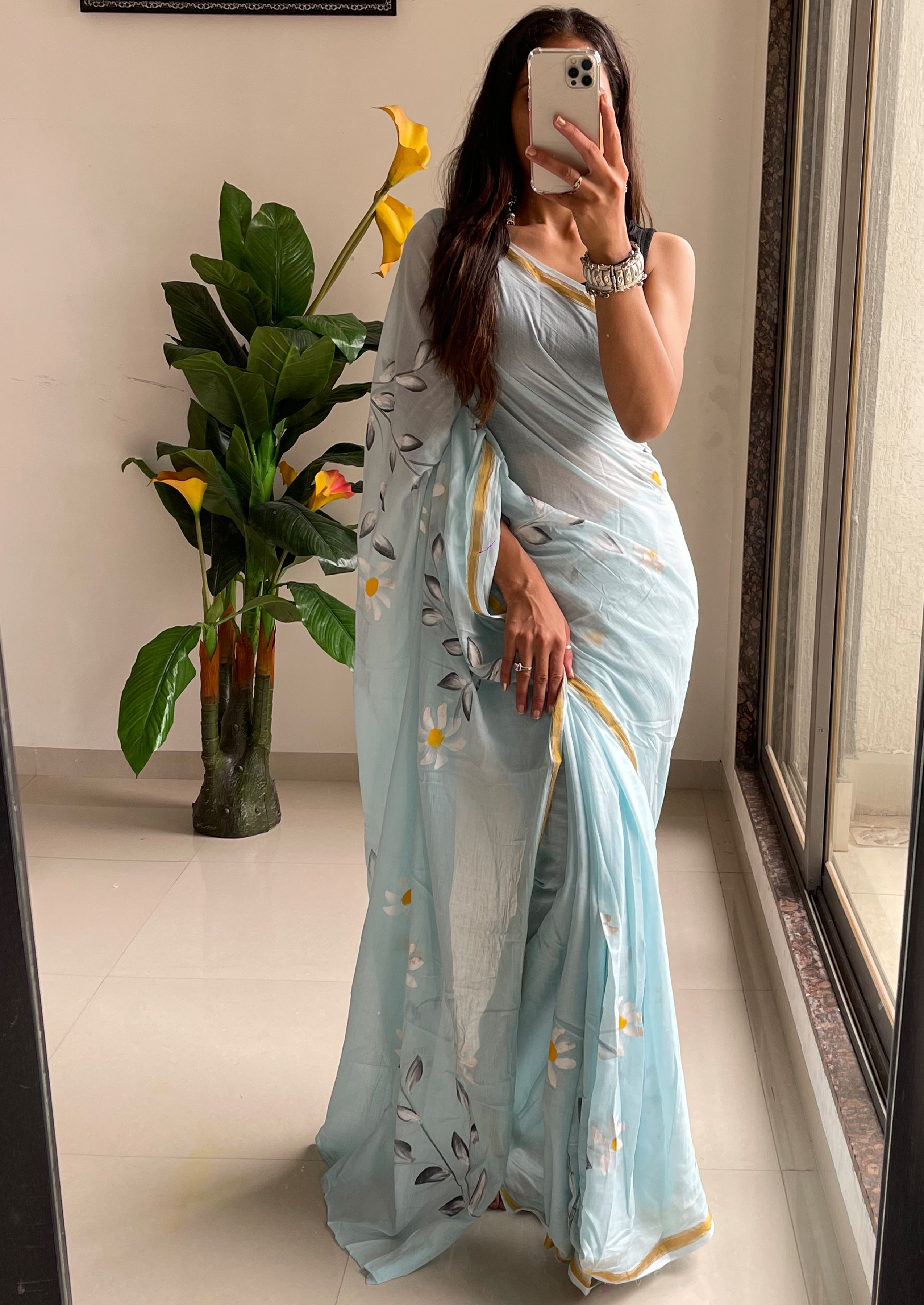 Bollywood style Hand Painted Full saree with Natural Sky Blue Colour Sarees With Blouse
