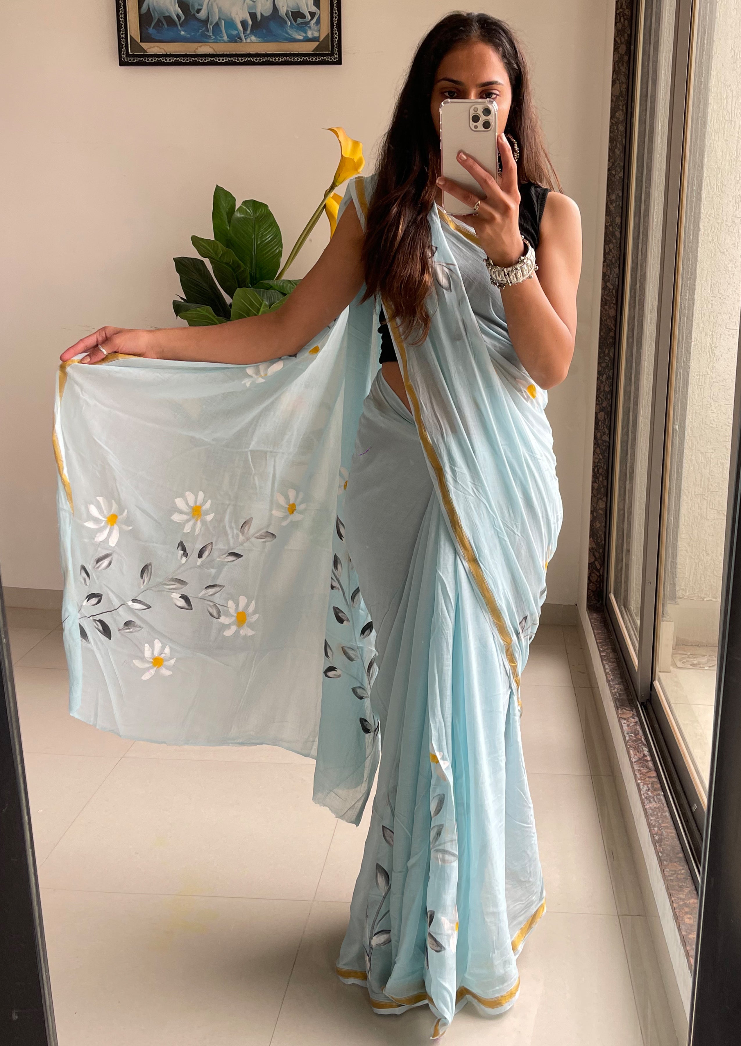 Bollywood style Hand Painted Full saree with Natural Sky Blue Colour Sarees With Blouse
