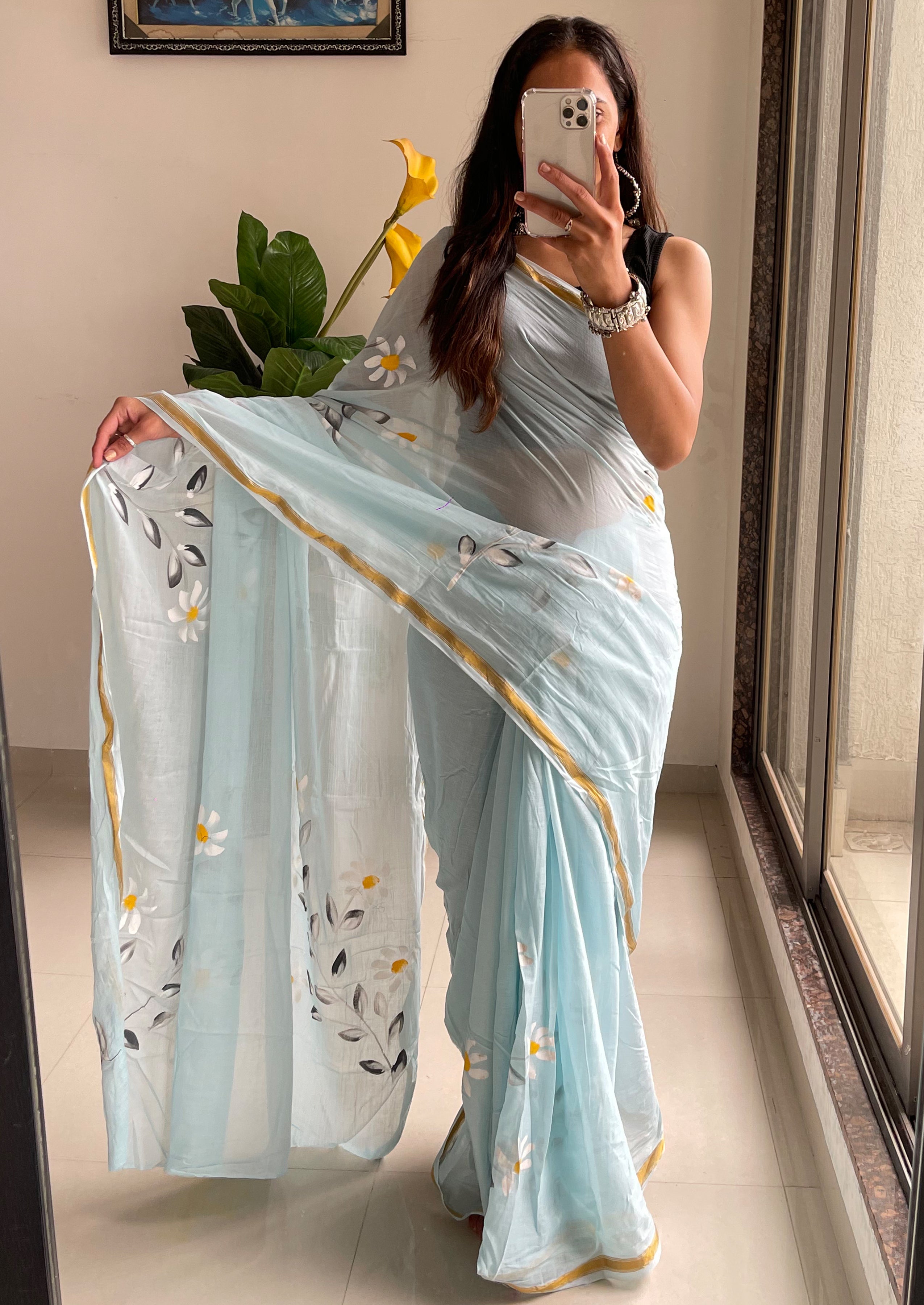 Bollywood style Hand Painted Full saree with Natural Sky Blue Colour Sarees With Blouse