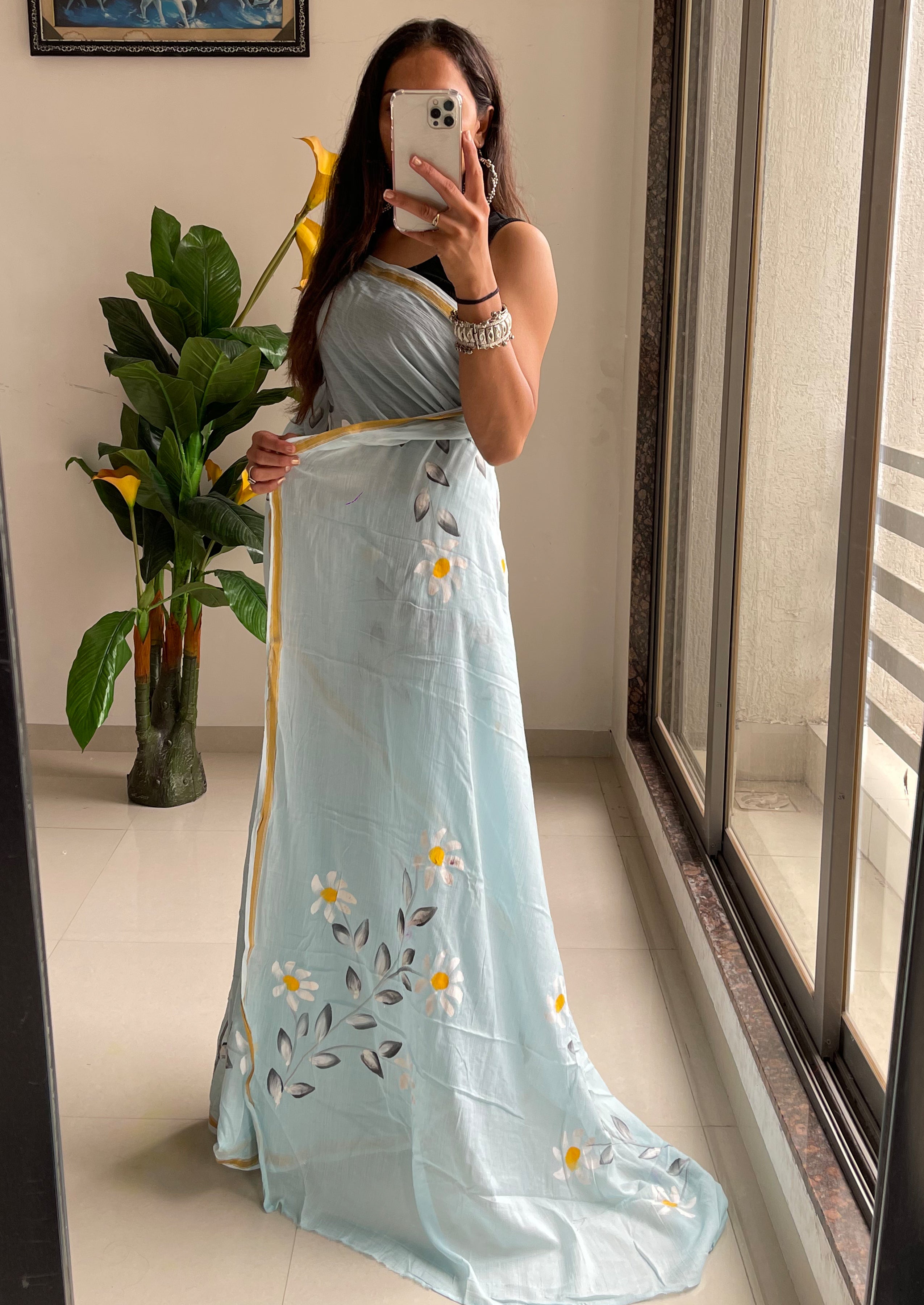 Bollywood style Hand Painted Full saree with Natural Sky Blue Colour Sarees With Blouse