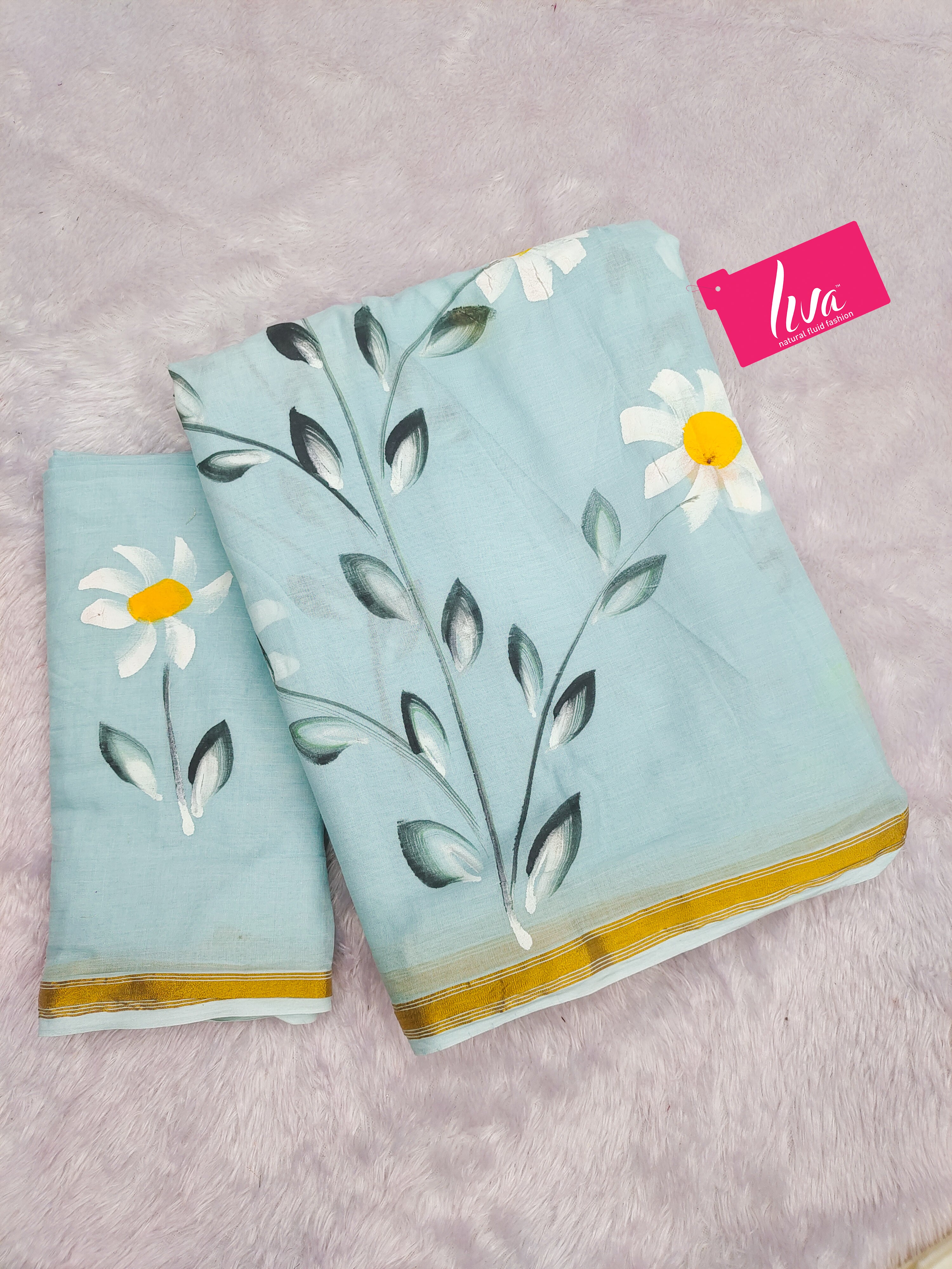 Bollywood style Hand Painted Full saree with Natural Sky Blue Colour Sarees With Blouse