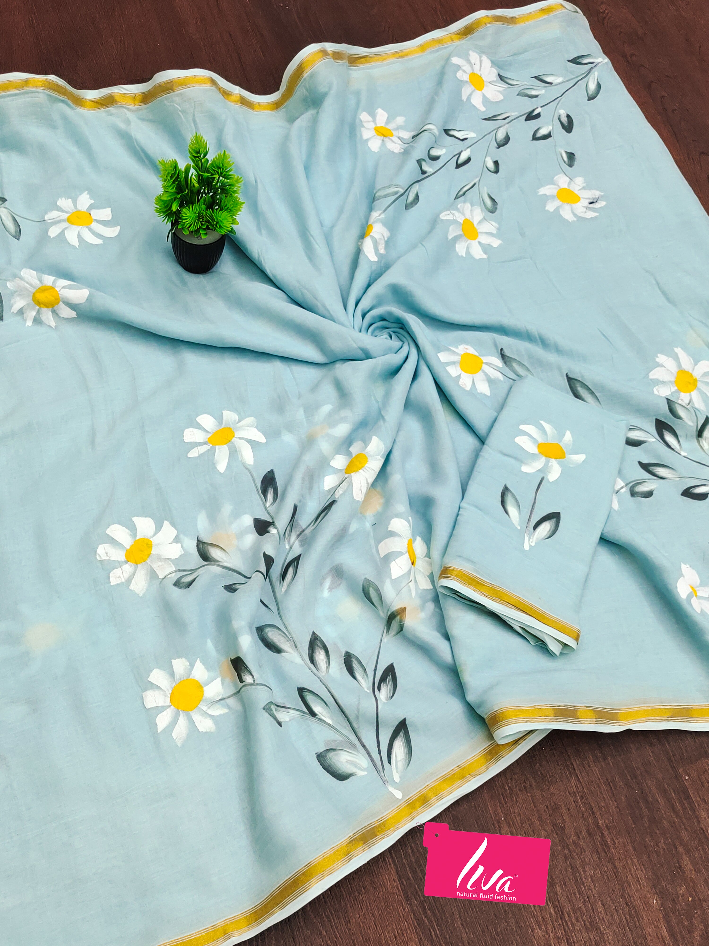 Bollywood style Hand Painted Full saree with Natural Sky Blue Colour Sarees With Blouse