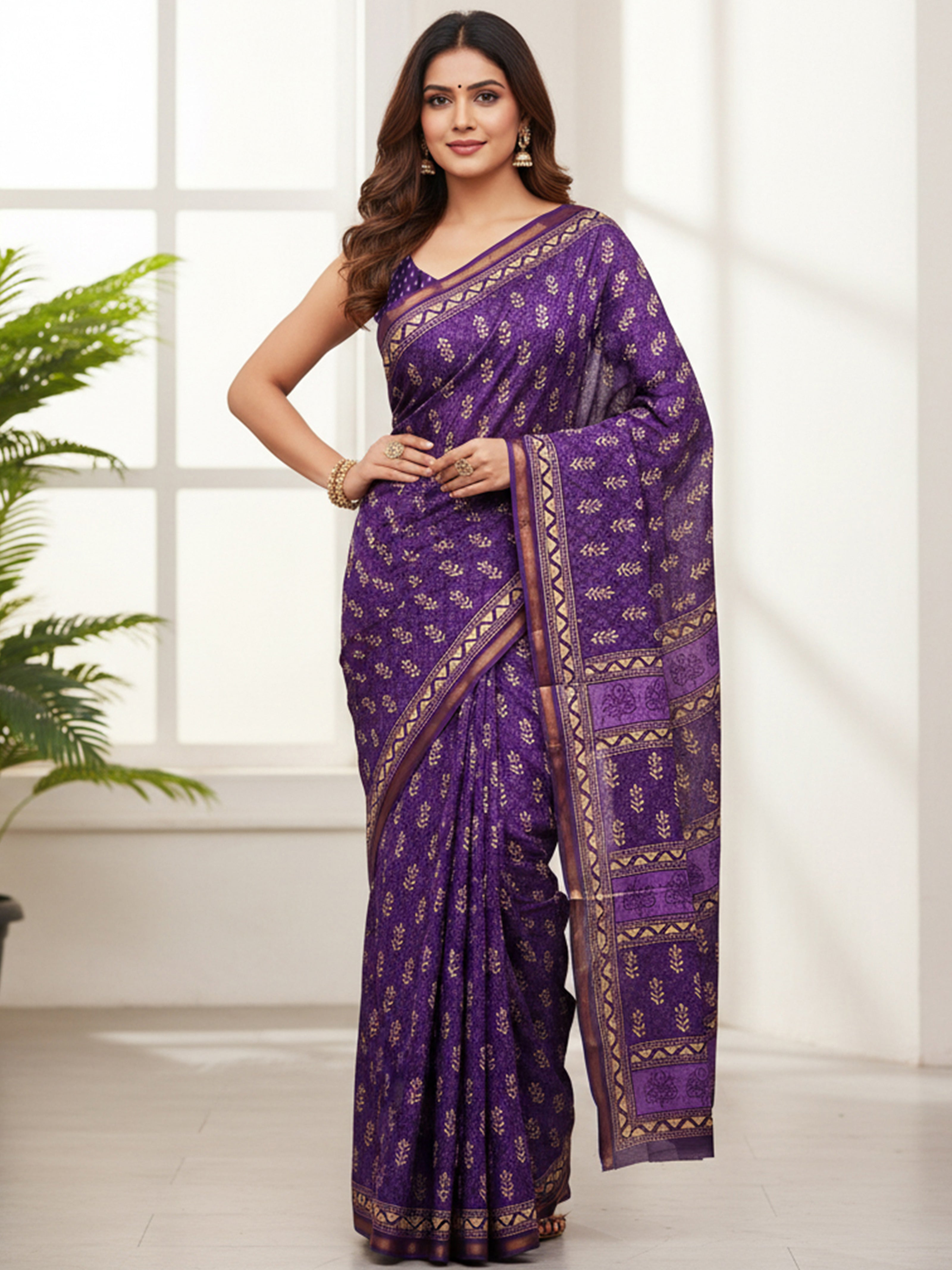 Soft Cotton Ikat Style Printed Saree with Rich Zari Border & Designer Pallu