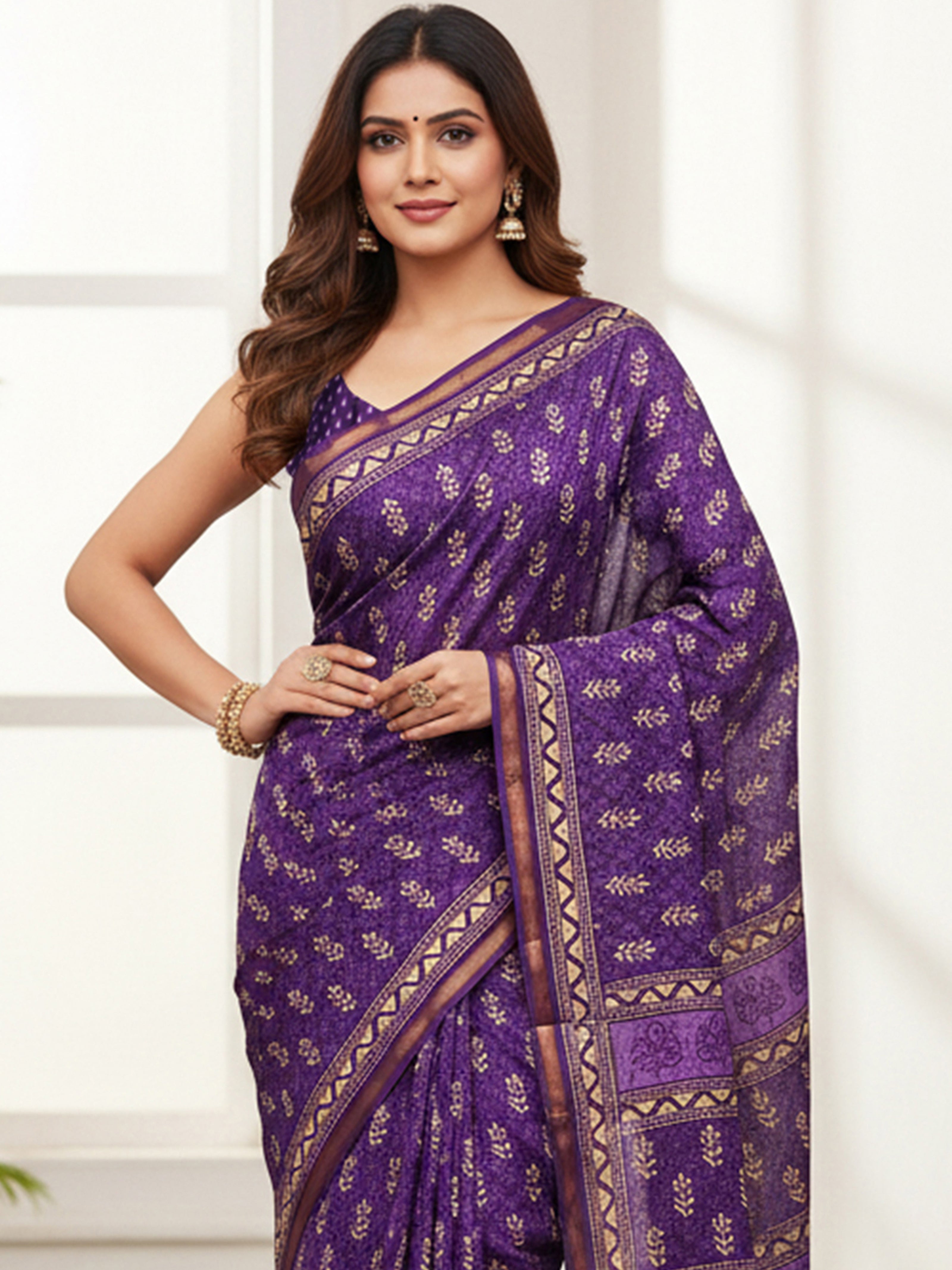 Soft Cotton Ikat Style Printed Saree with Rich Zari Border & Designer Pallu