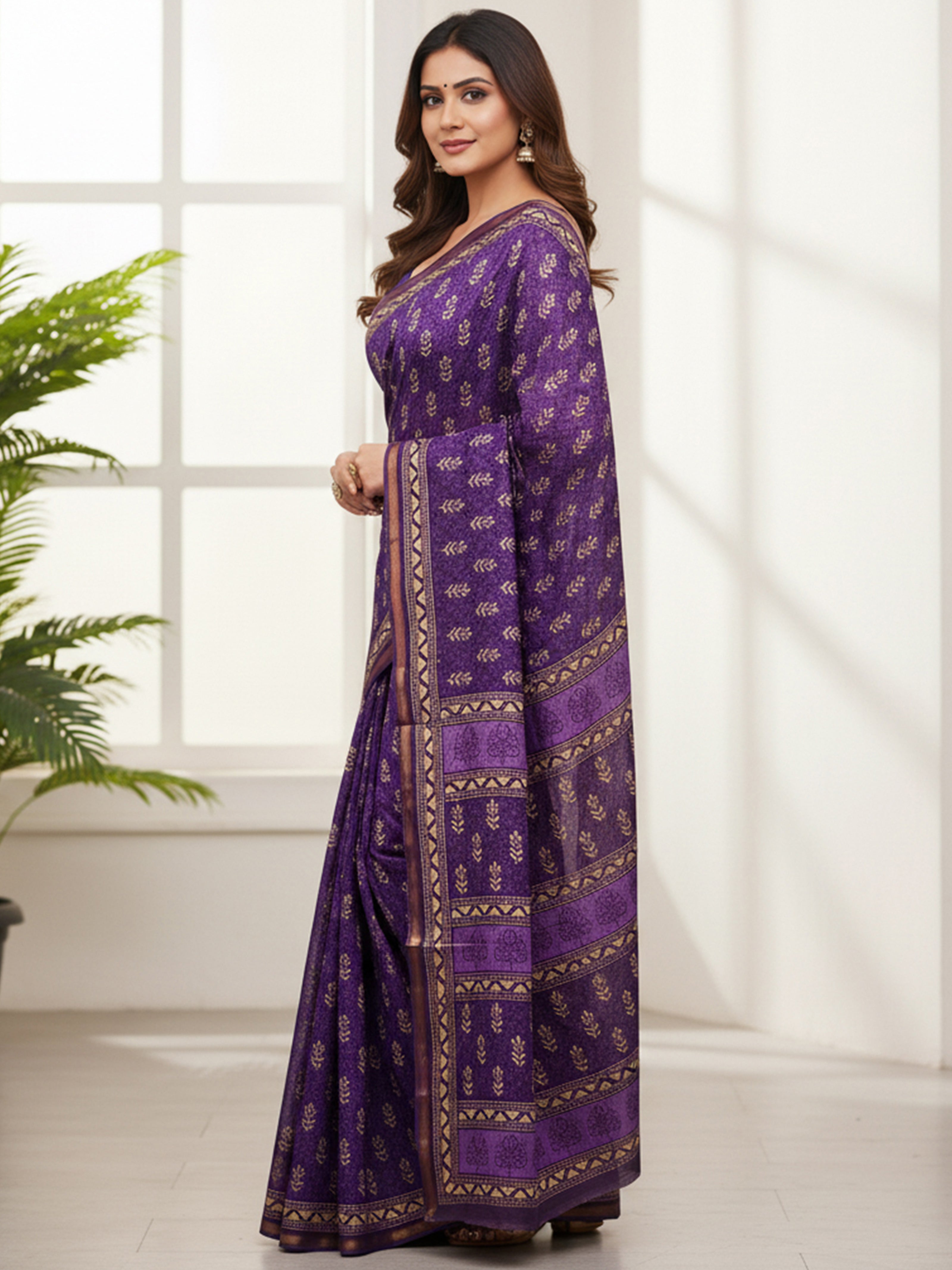 Soft Cotton Ikat Style Printed Saree with Rich Zari Border & Designer Pallu