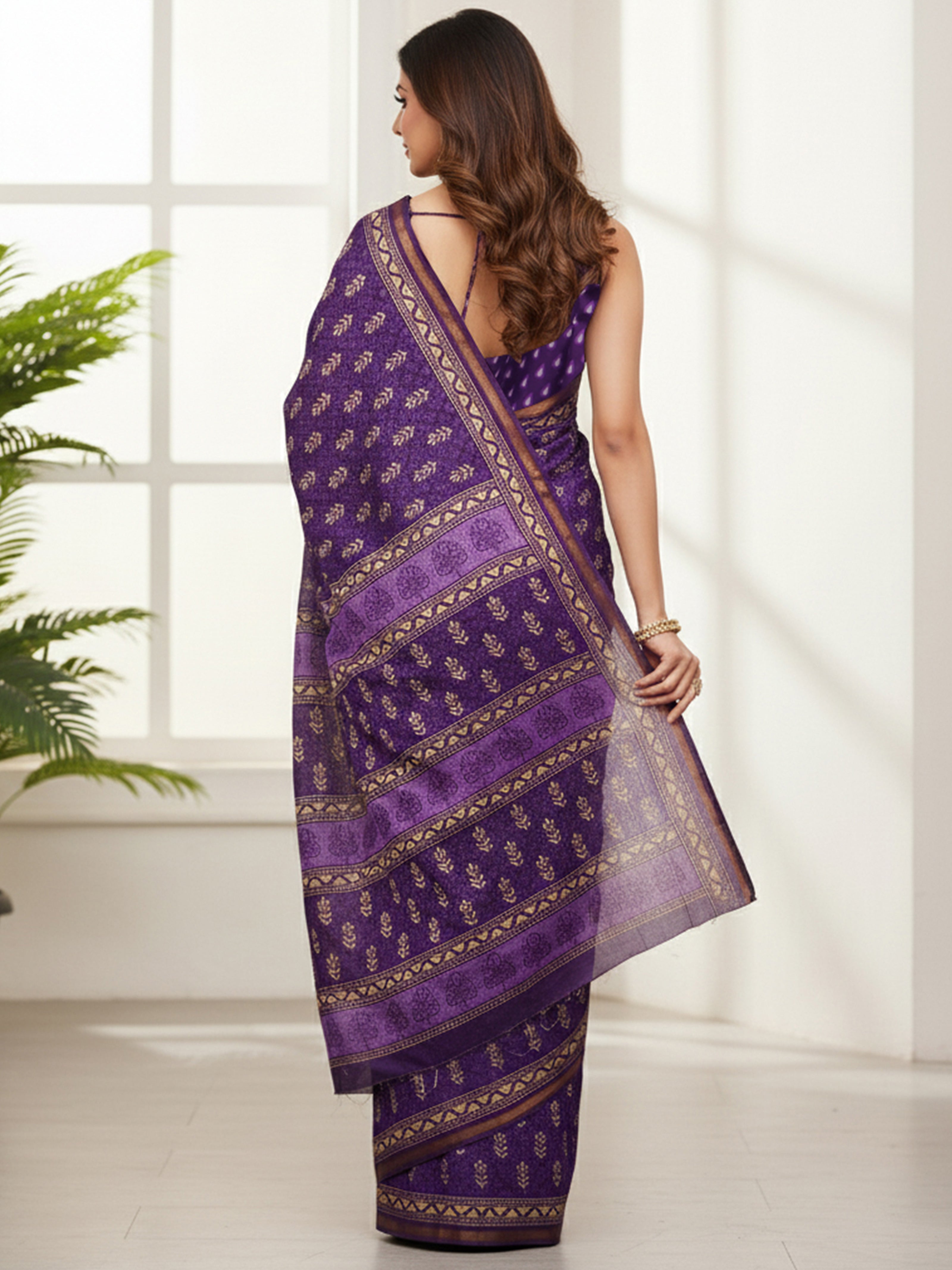Soft Cotton Ikat Style Printed Saree with Rich Zari Border & Designer Pallu