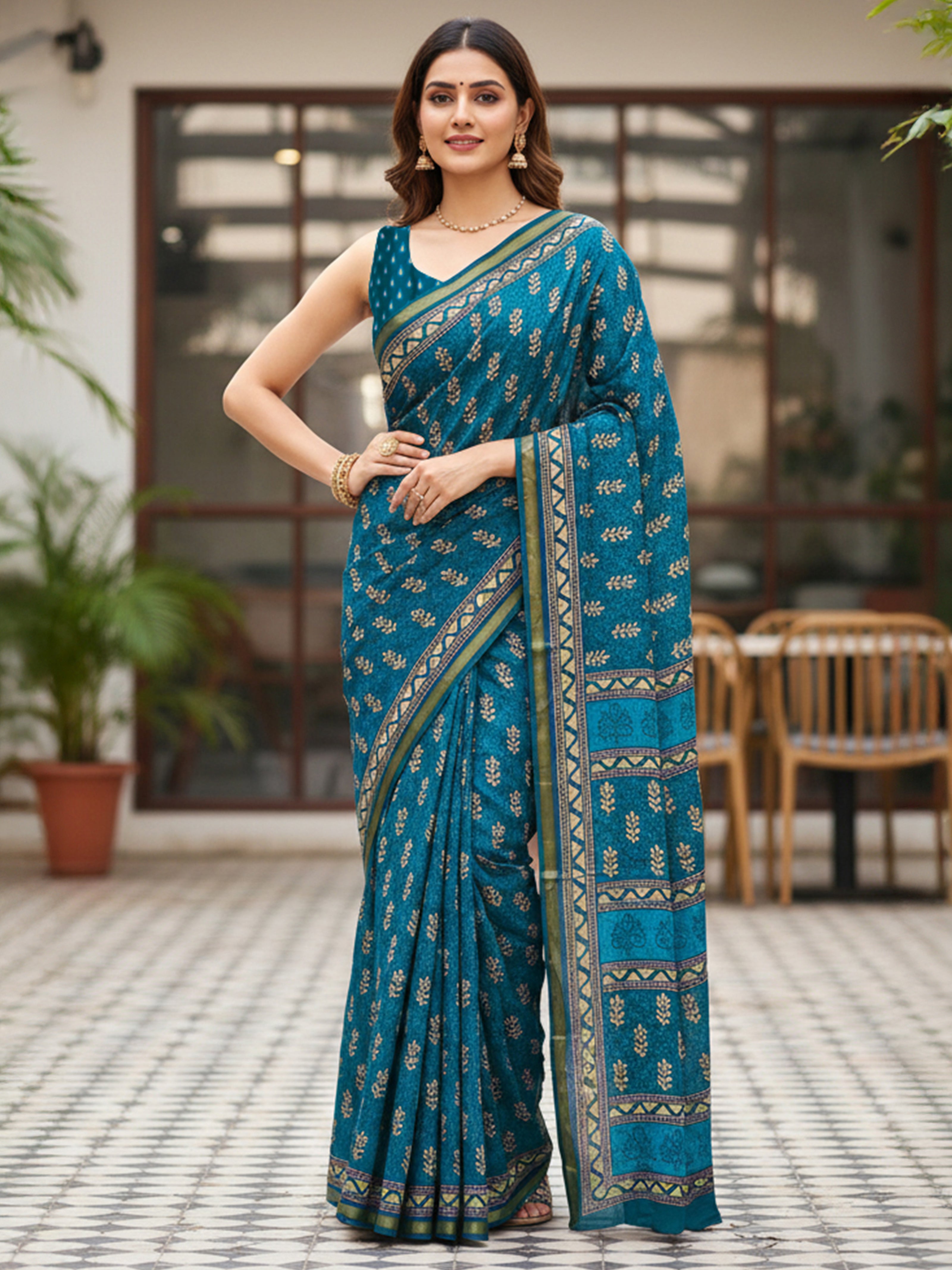 Soft Cotton Ikat Style Printed Saree with Rich Zari Border & Designer Pallu sky