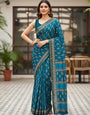 Soft Cotton Ikat Style Printed Saree with Rich Zari Border & Designer Pallu sky