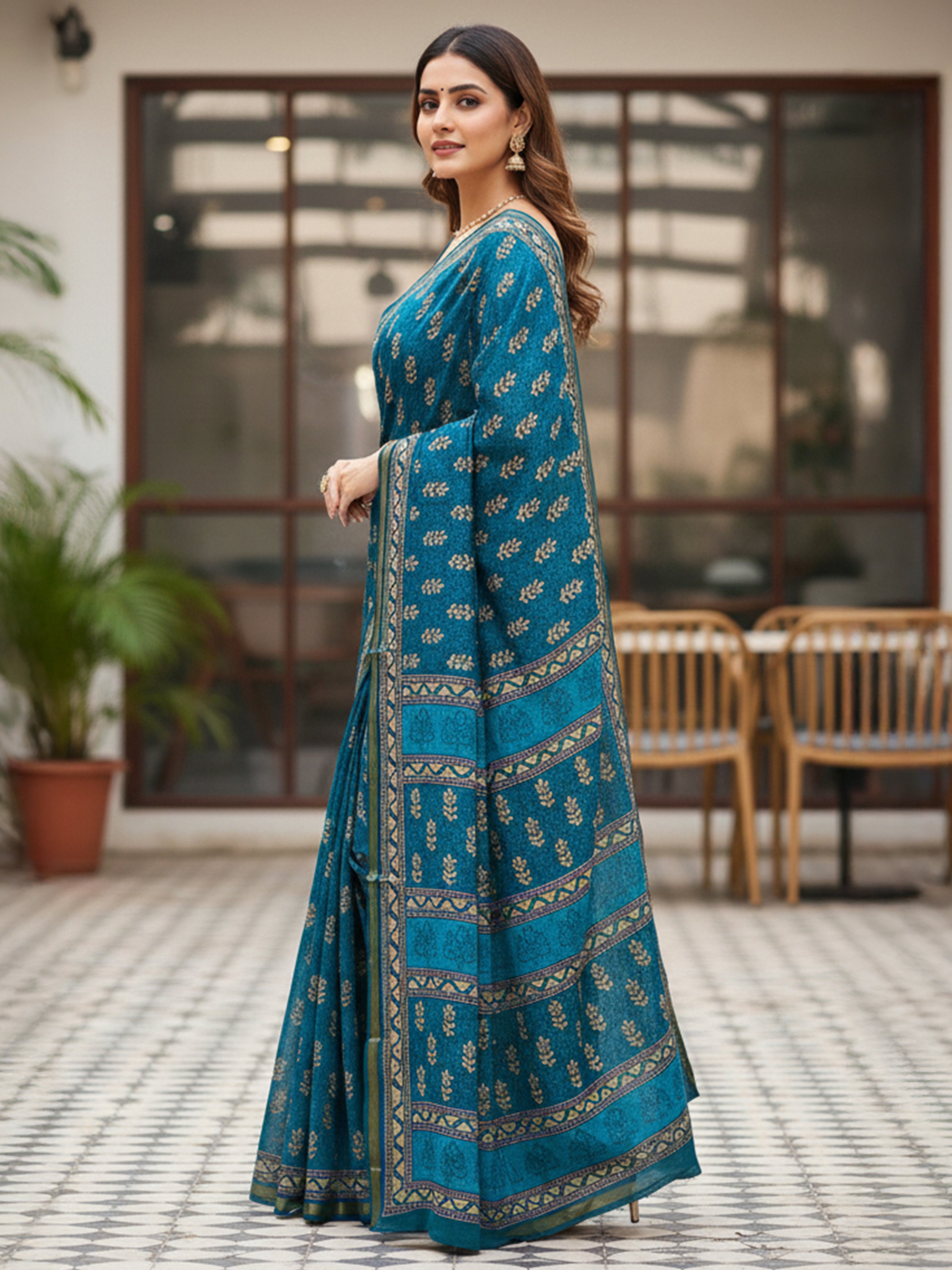 Soft Cotton Ikat Style Printed Saree with Rich Zari Border & Designer Pallu sky