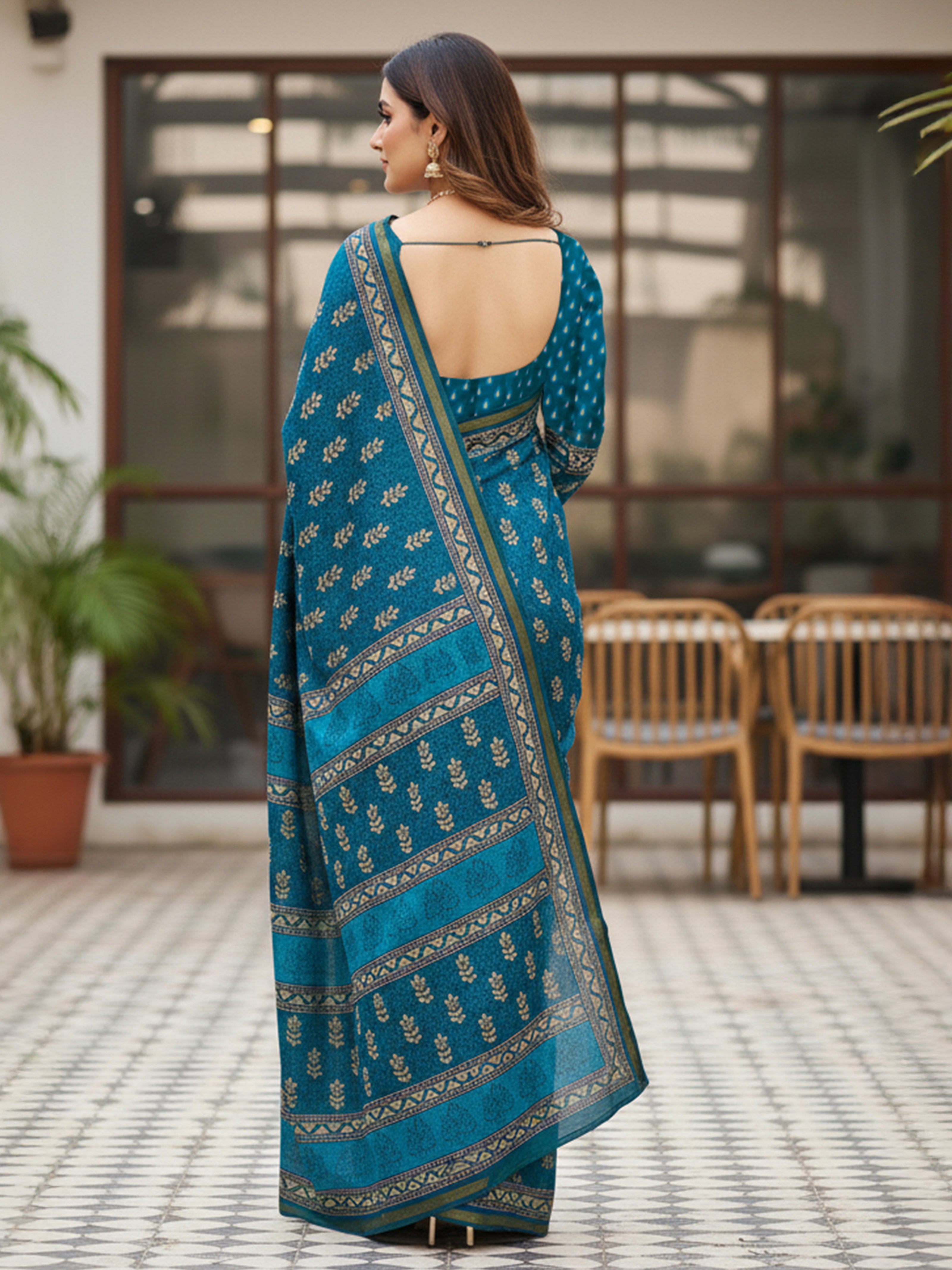 Soft Cotton Ikat Style Printed Saree with Rich Zari Border & Designer Pallu sky