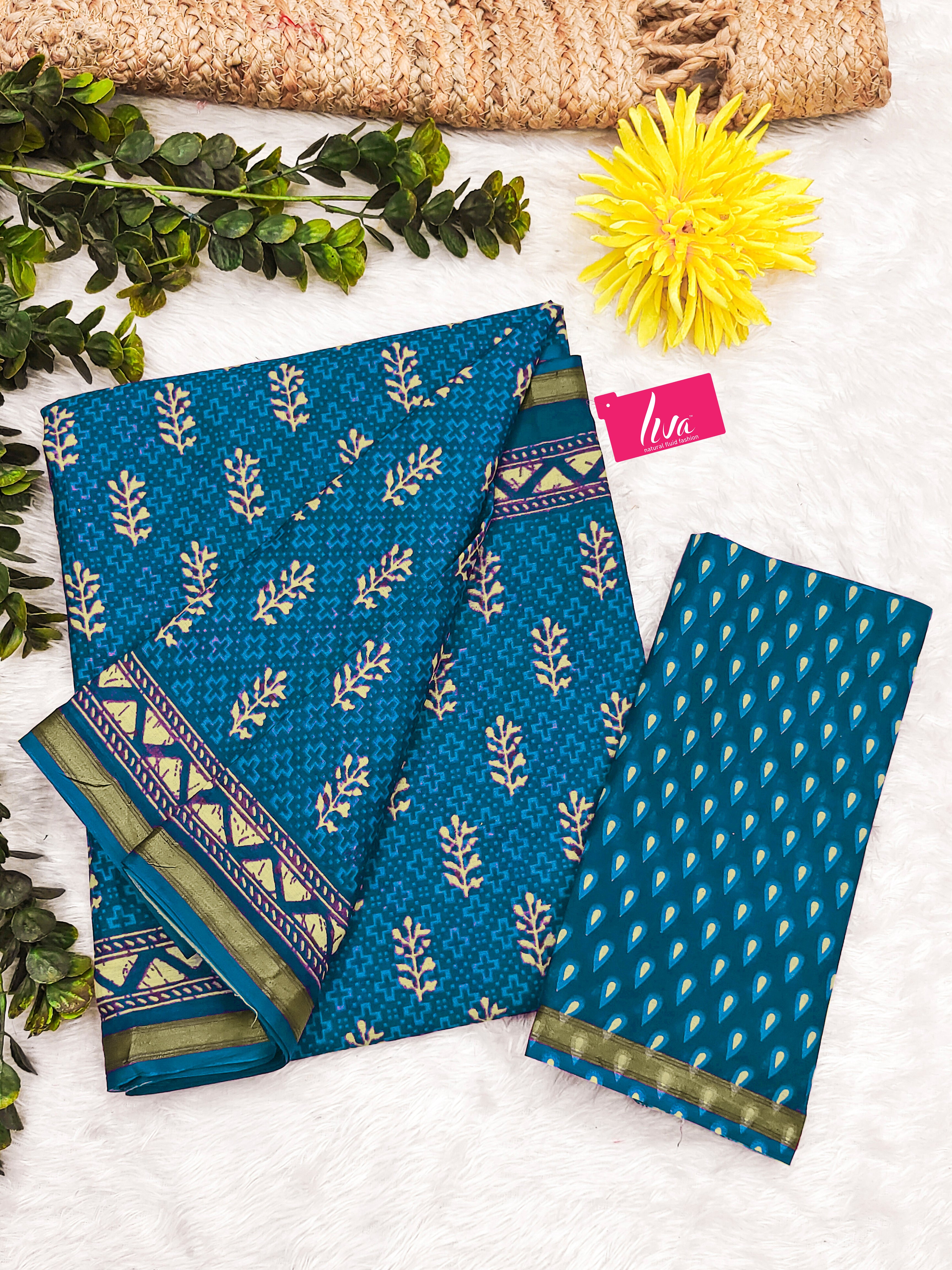 Soft Cotton Ikat Style Printed Saree with Rich Zari Border & Designer Pallu sky