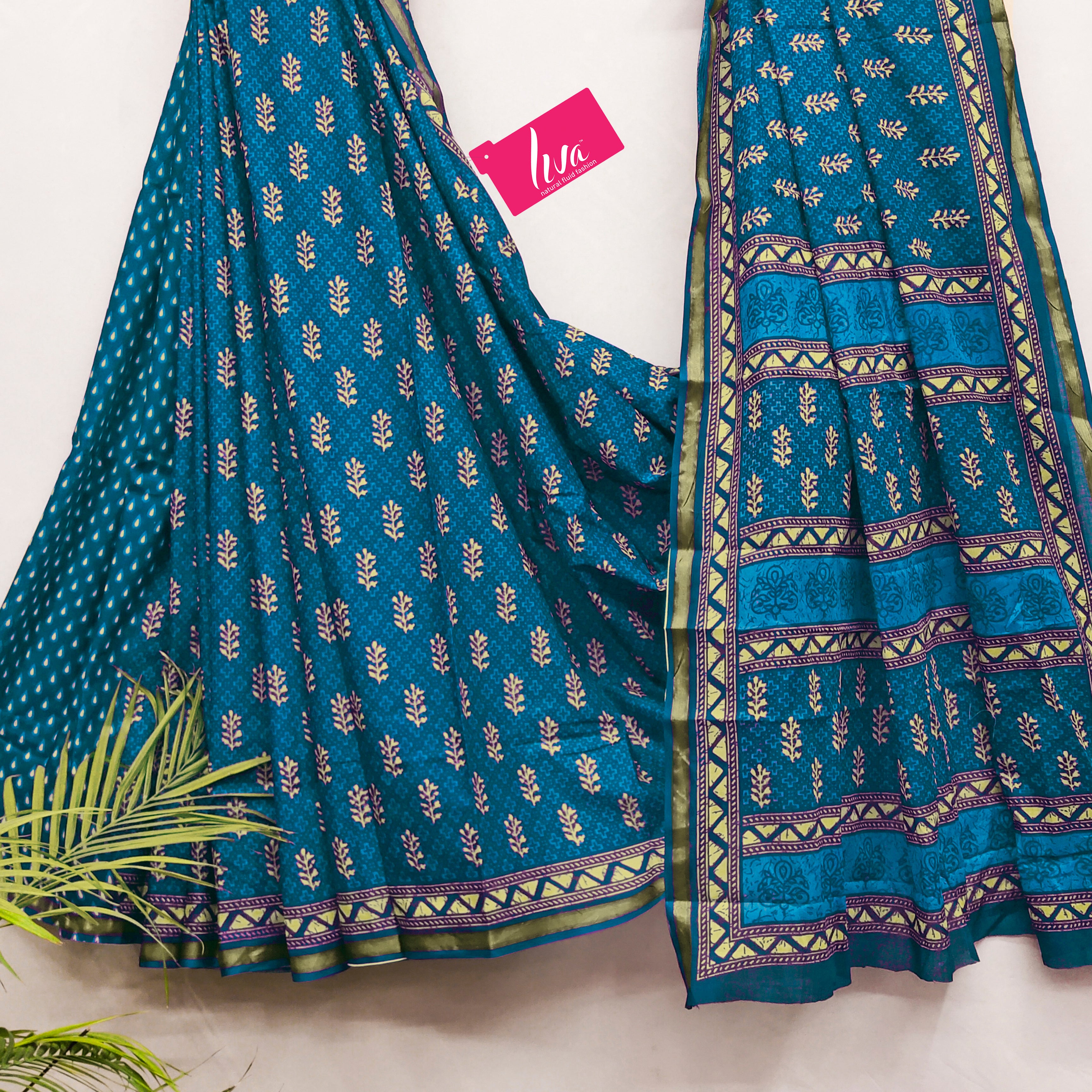 Soft Cotton Ikat Style Printed Saree with Rich Zari Border & Designer Pallu sky