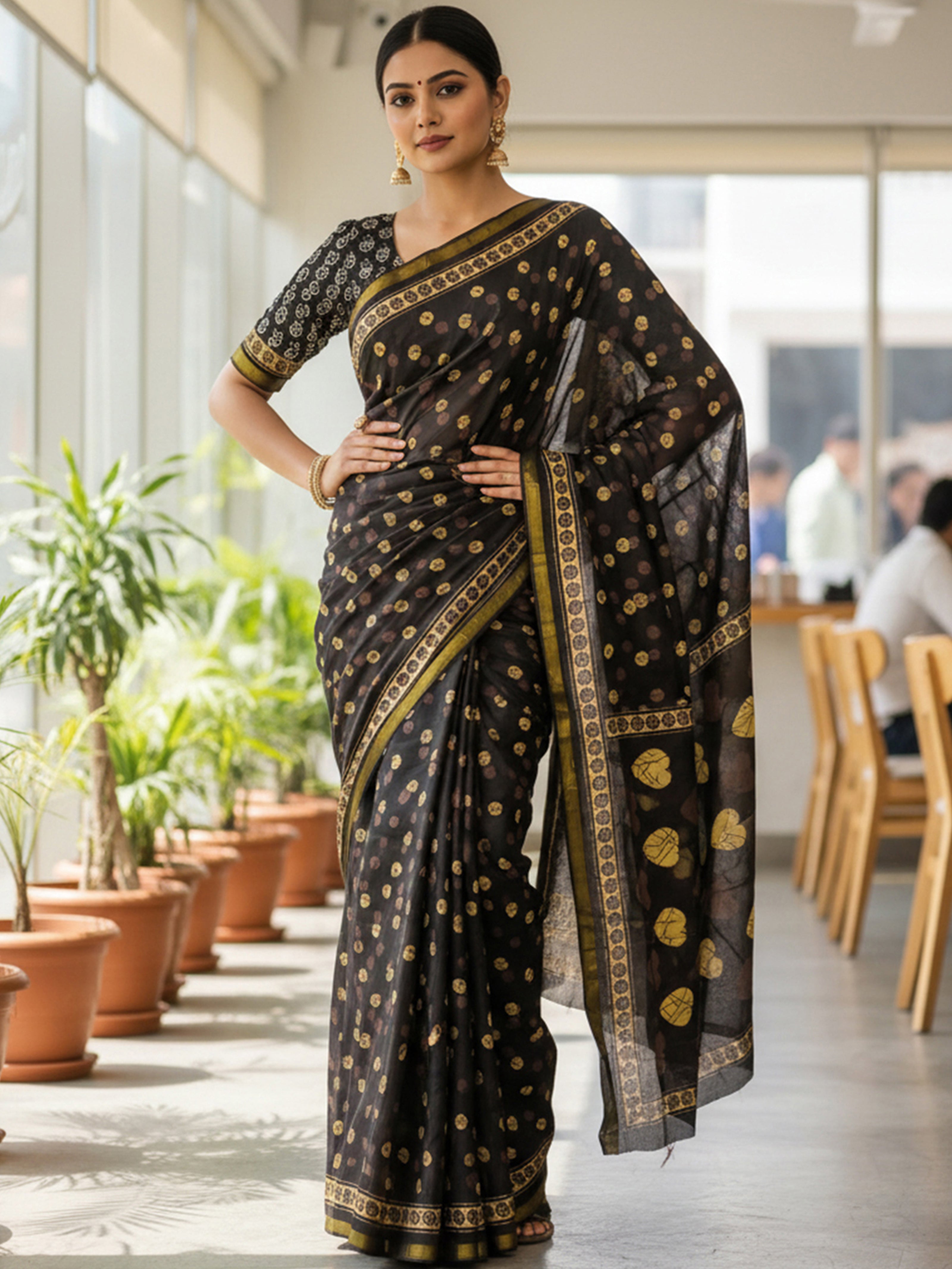 Soft Cotton Printed Saree with Golden Leaf Motifs & Rich Zari Border
