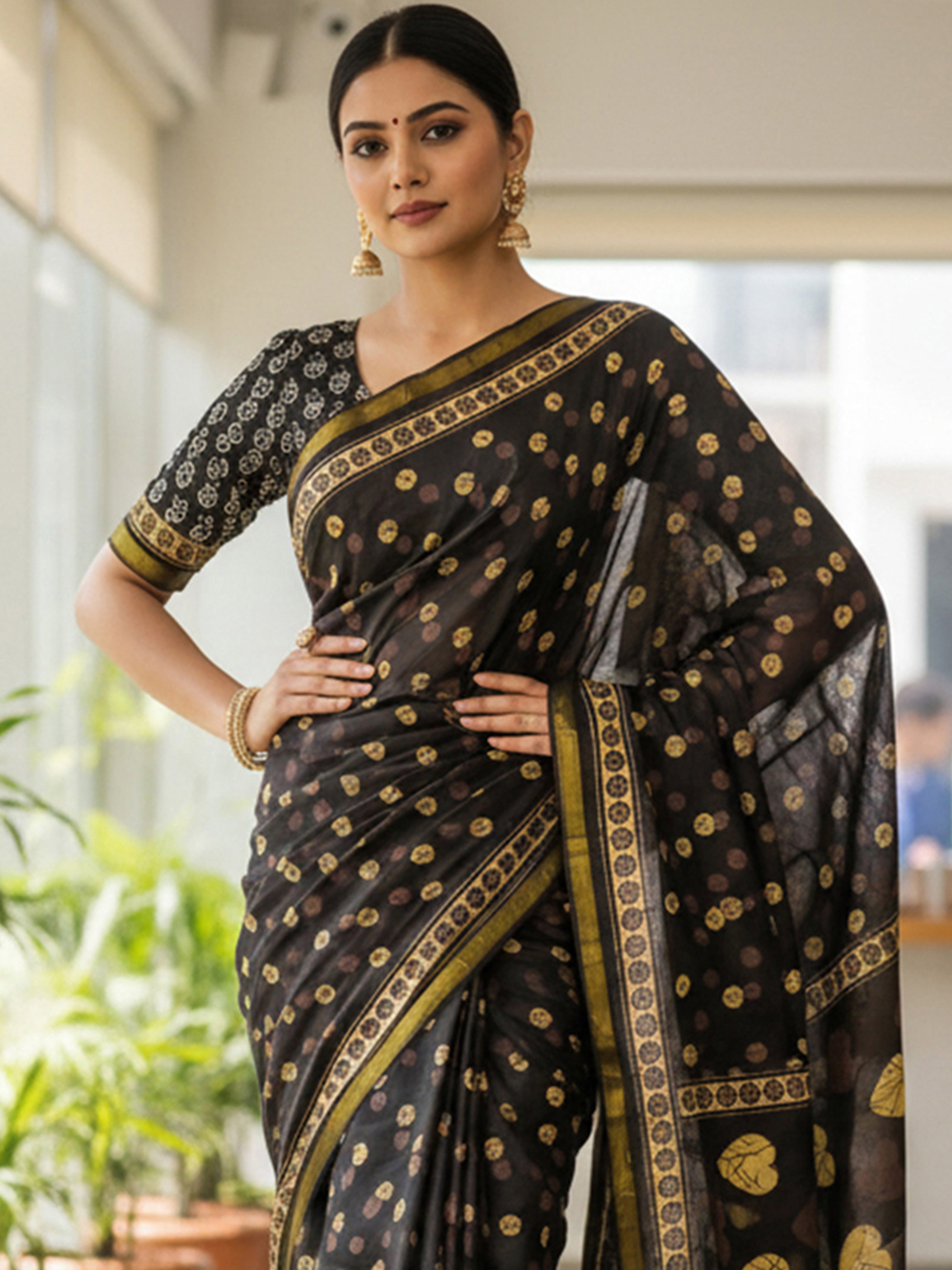 Soft Cotton Printed Saree with Golden Leaf Motifs & Rich Zari Border