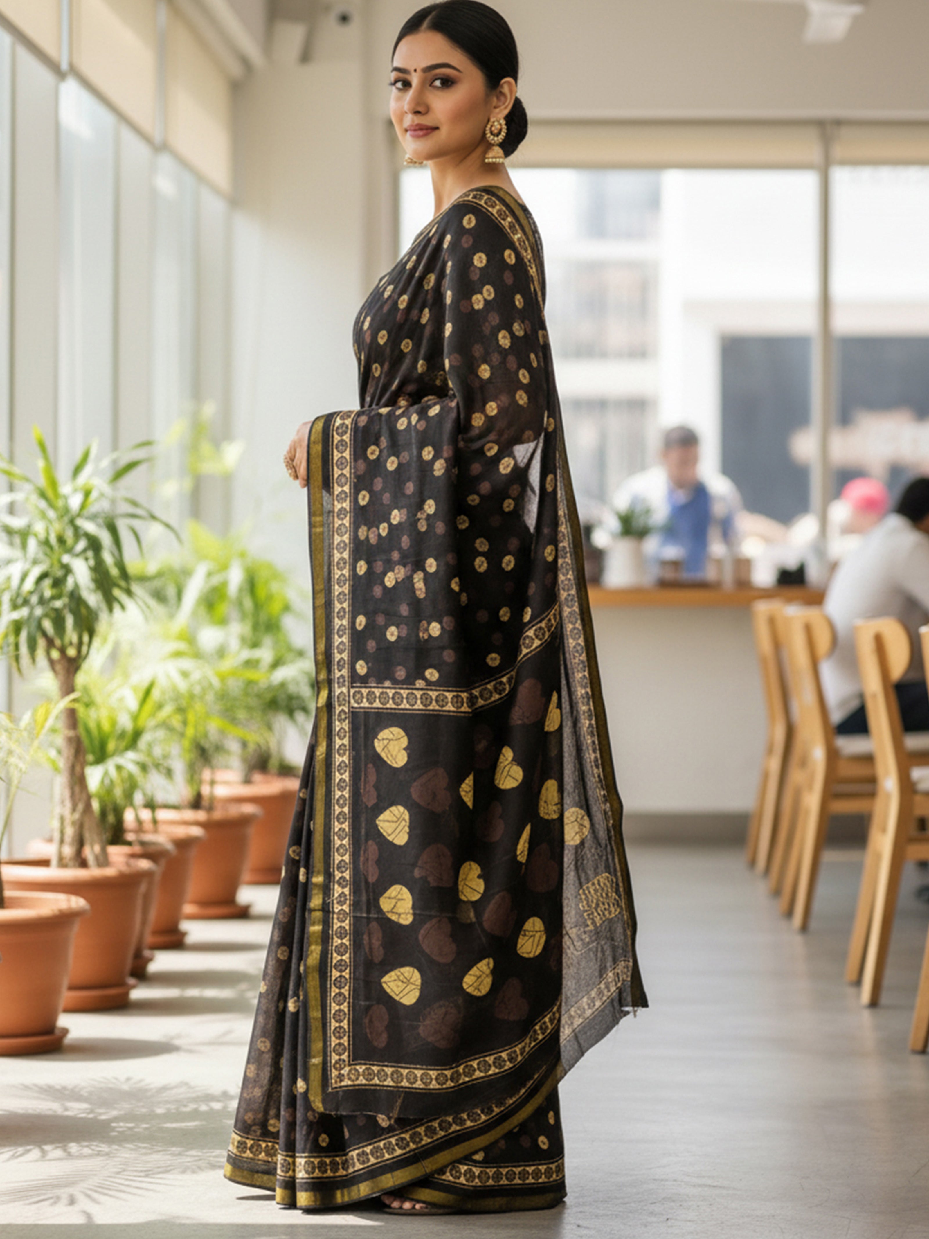 Soft Cotton Printed Saree with Golden Leaf Motifs & Rich Zari Border