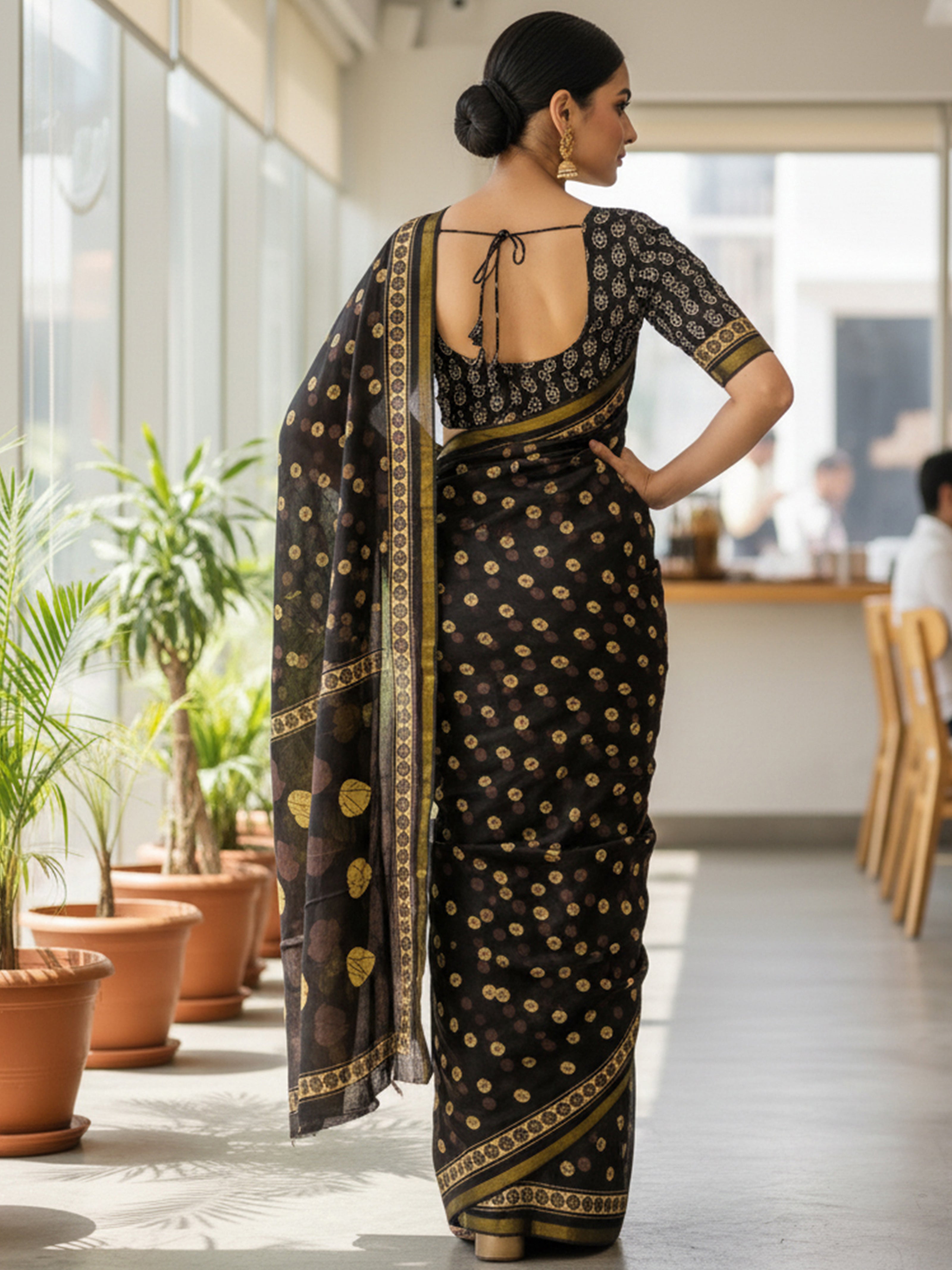 Soft Cotton Printed Saree with Golden Leaf Motifs & Rich Zari Border