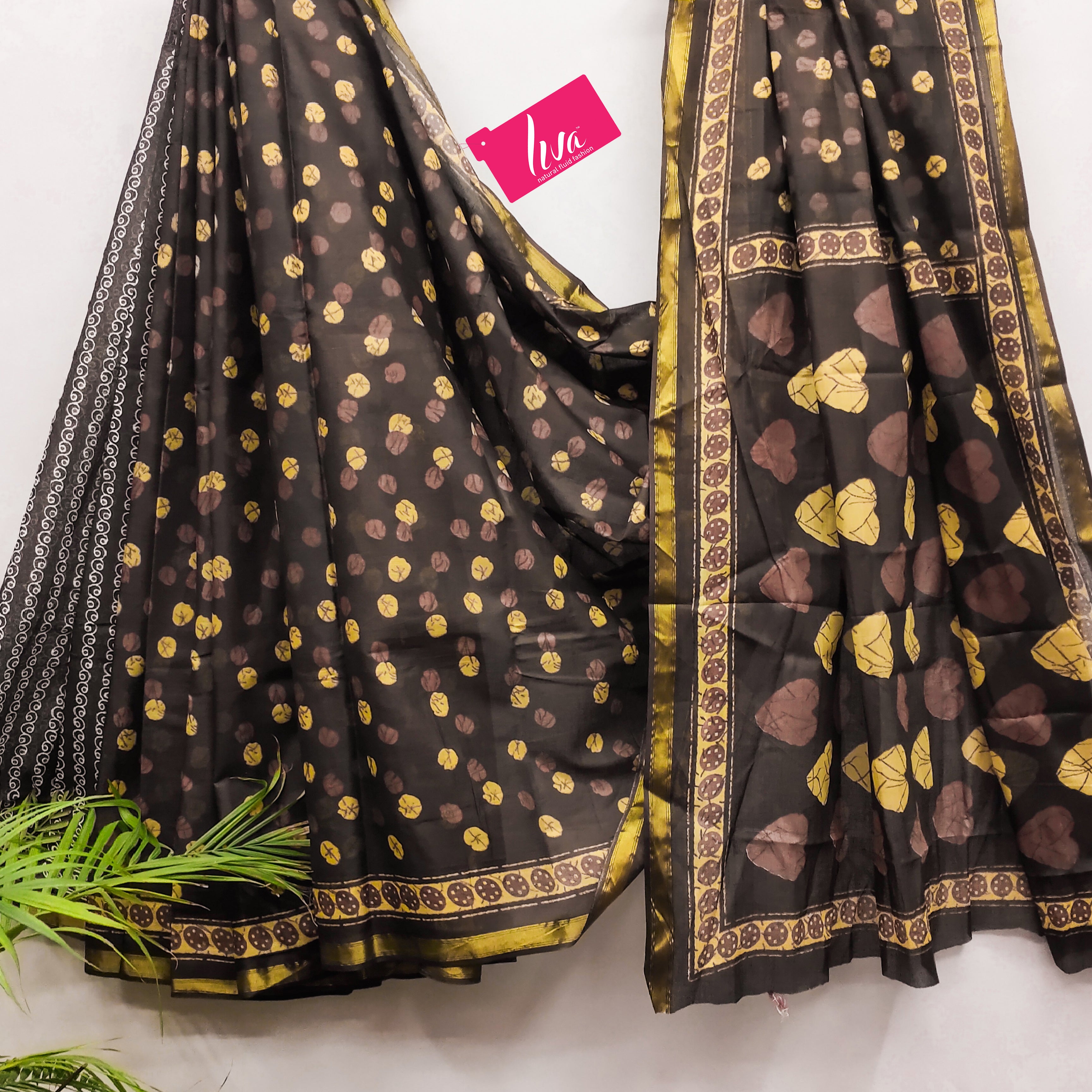 Soft Cotton Printed Saree with Golden Leaf Motifs & Rich Zari Border