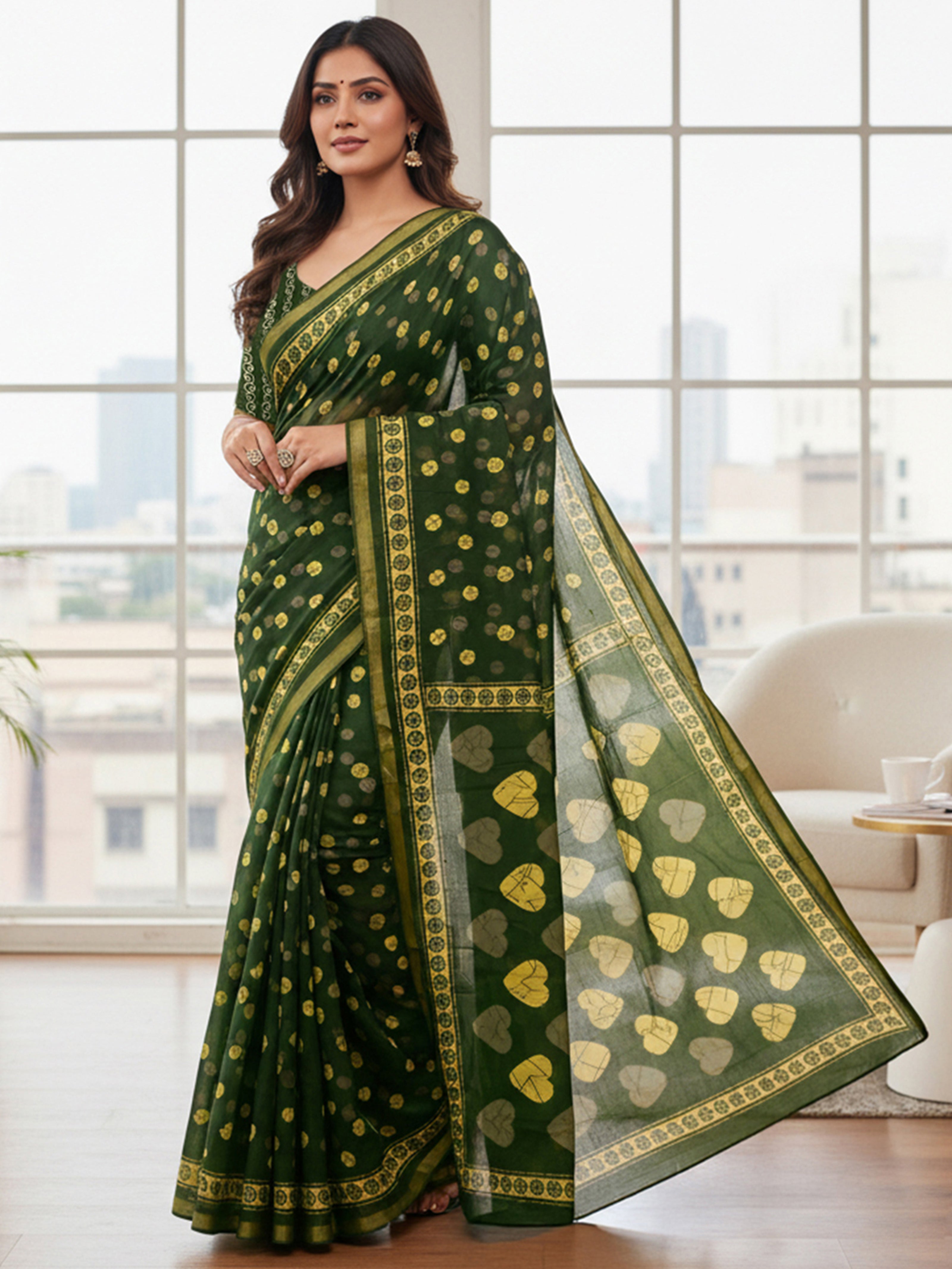 Soft Cotton Printed Saree with Golden Leaf Motifs & Rich Zari Border green