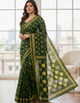 Soft Cotton Printed Saree with Golden Leaf Motifs & Rich Zari Border green