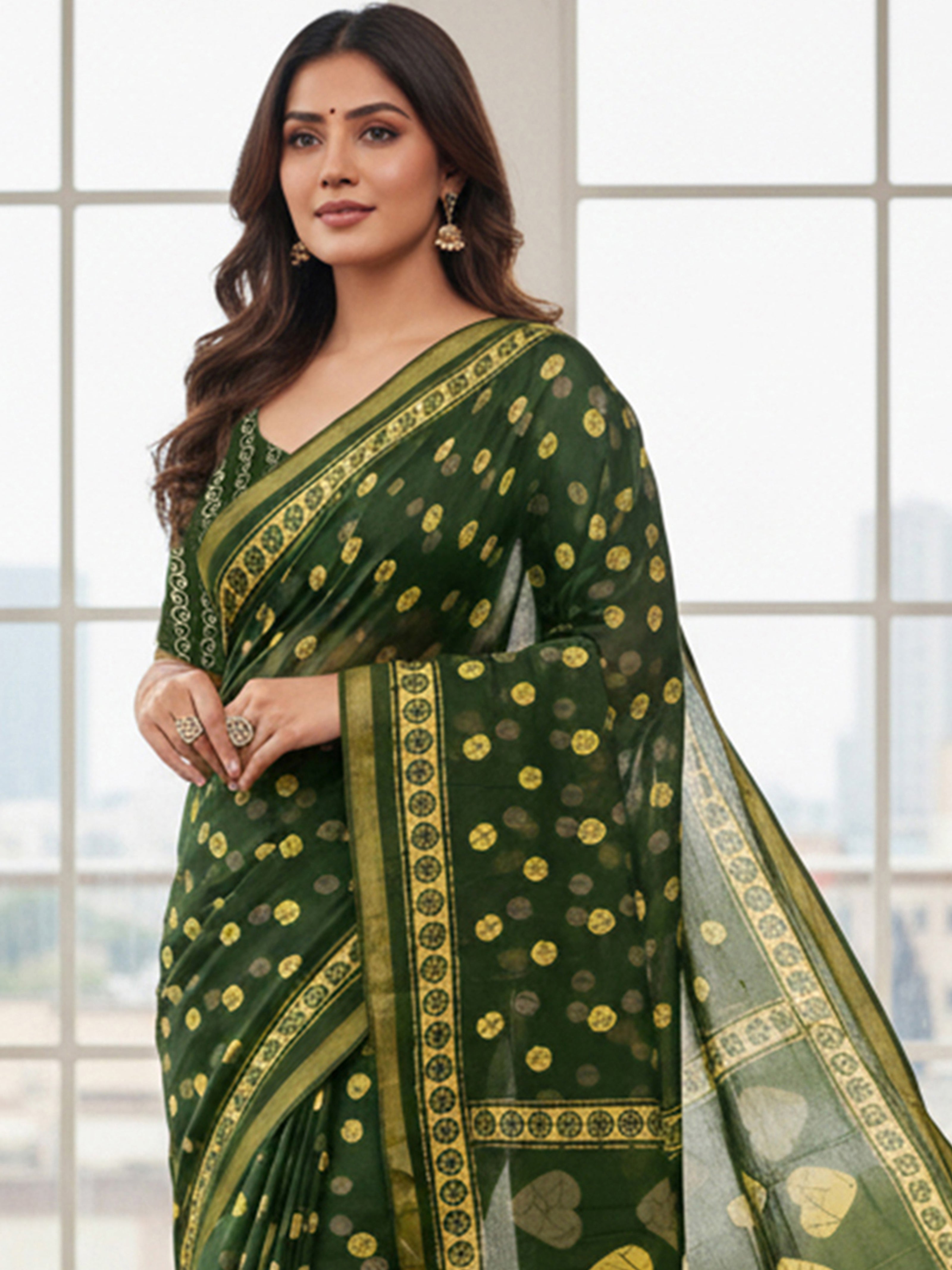 Soft Cotton Printed Saree with Golden Leaf Motifs & Rich Zari Border green