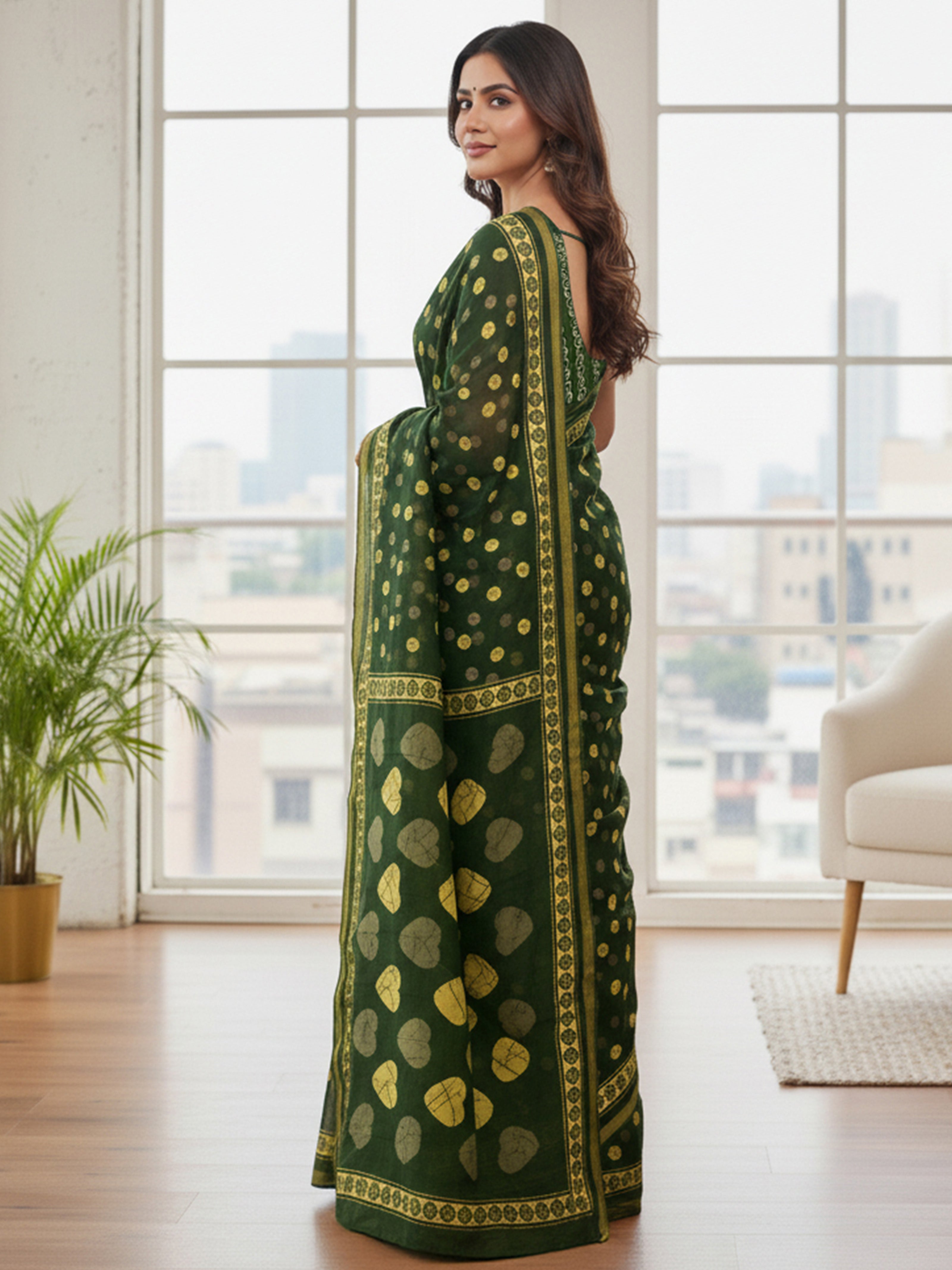 Soft Cotton Printed Saree with Golden Leaf Motifs & Rich Zari Border green