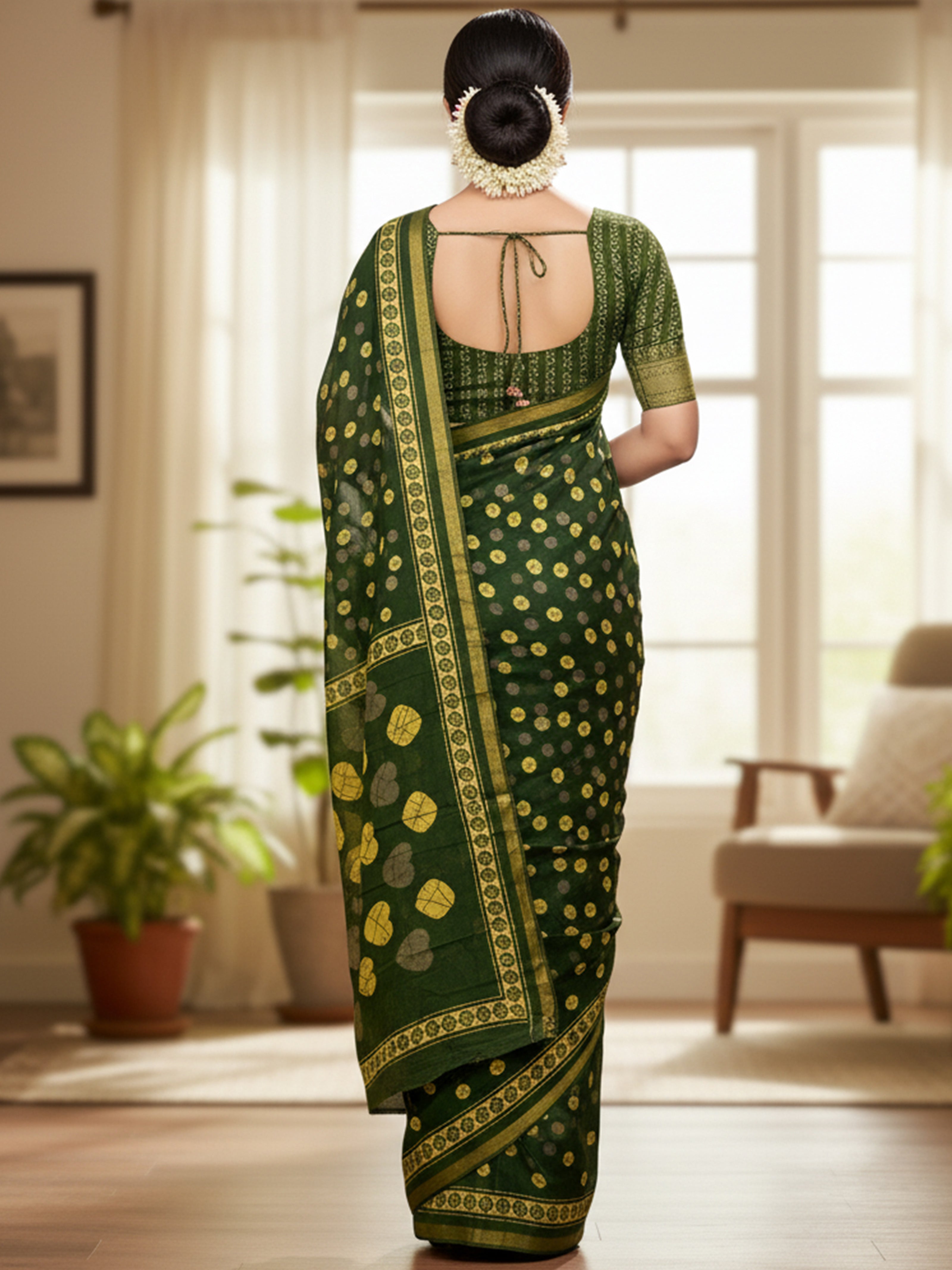 Soft Cotton Printed Saree with Golden Leaf Motifs & Rich Zari Border green