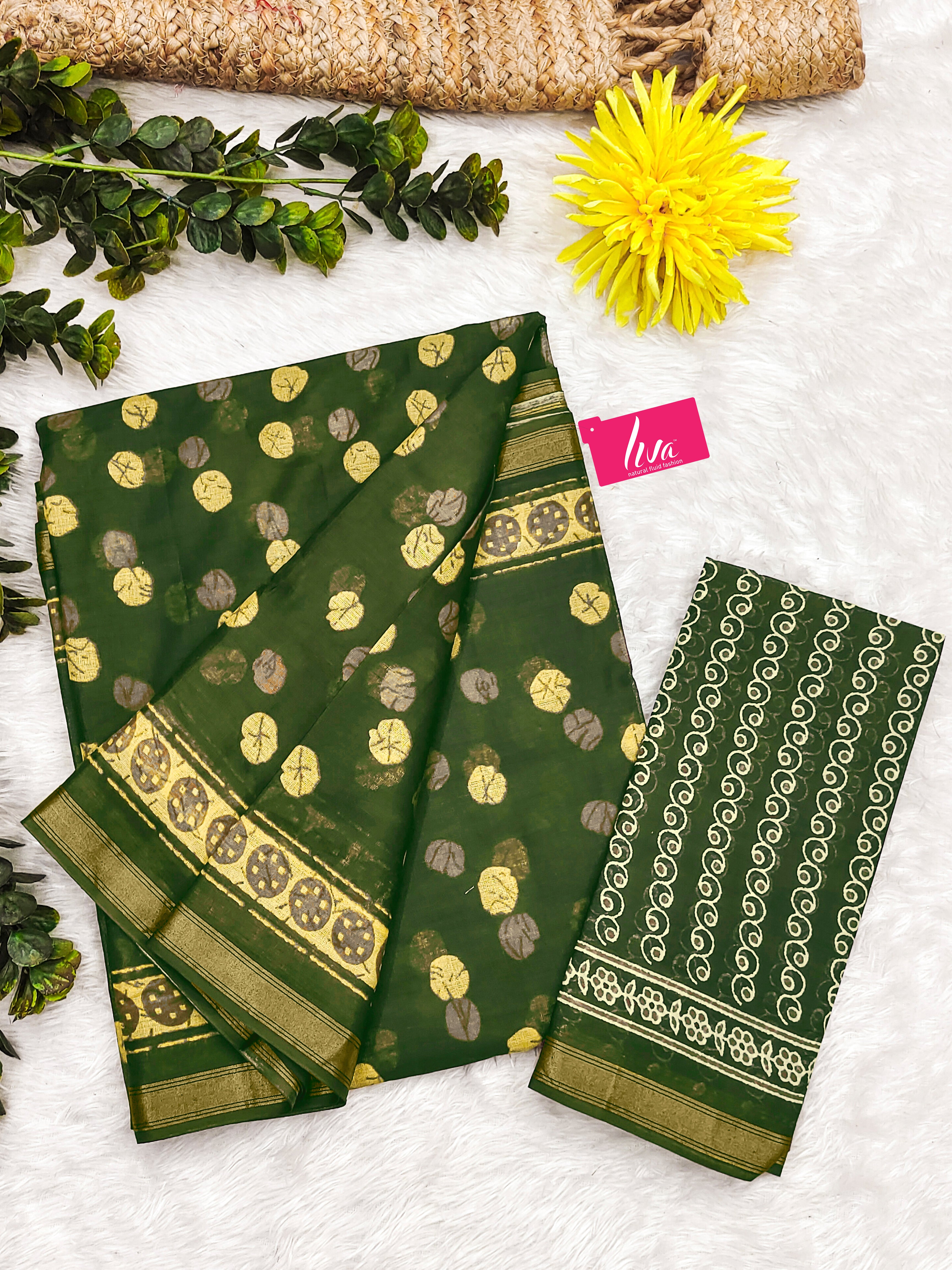 Soft Cotton Printed Saree with Golden Leaf Motifs & Rich Zari Border green