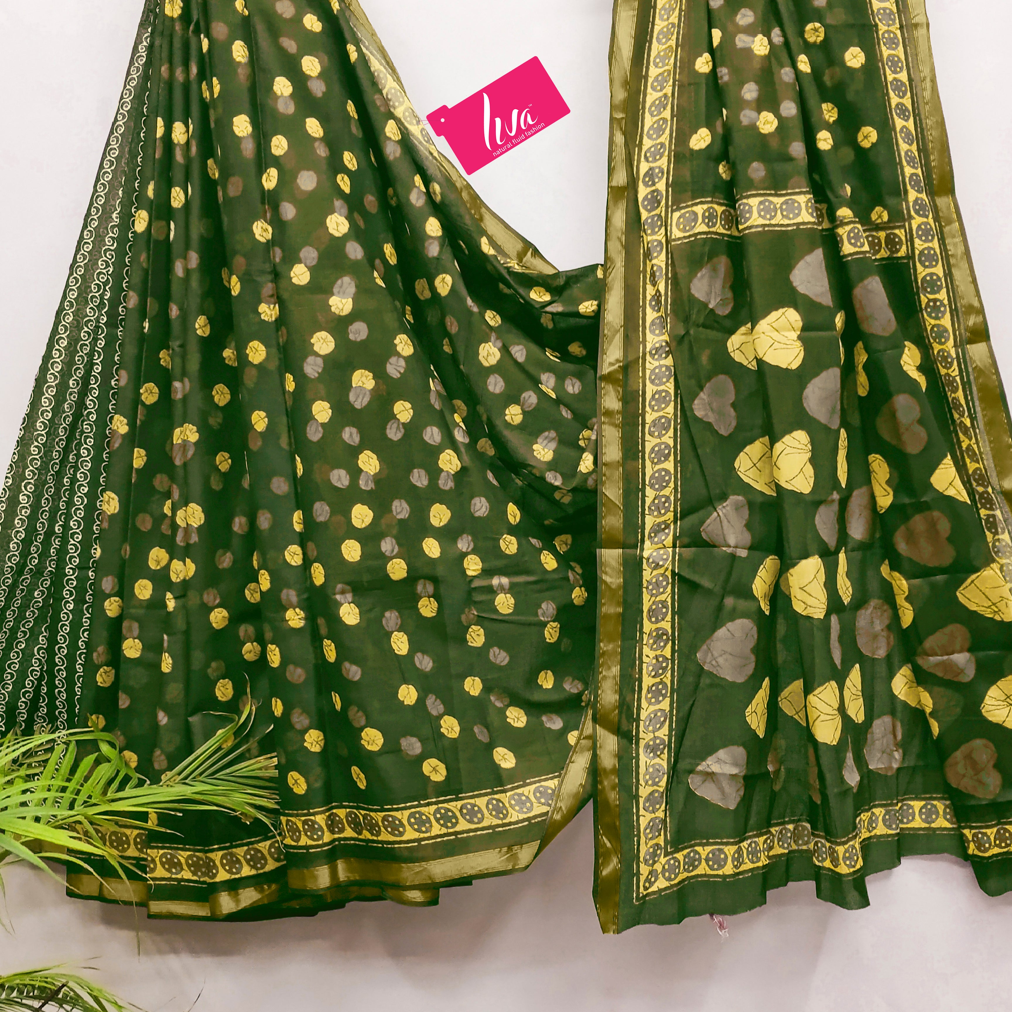 Soft Cotton Printed Saree with Golden Leaf Motifs & Rich Zari Border green